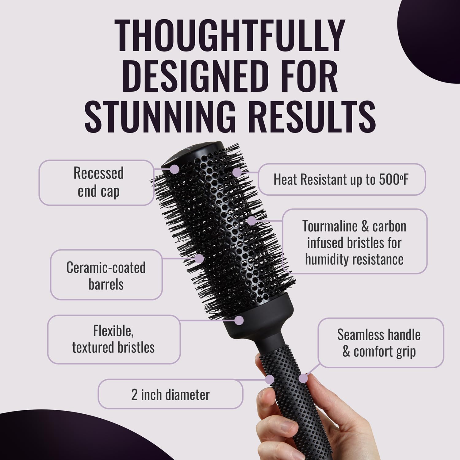 ERGO Round Brush ergonomic handle closeup for comfortable grip during styling.