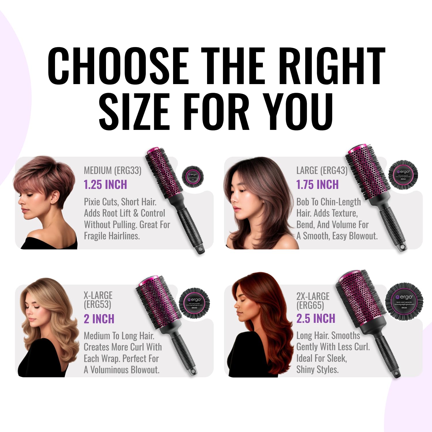 ERGO round brush with tourmaline bristles smooths, reduces frizz, and adds shine.