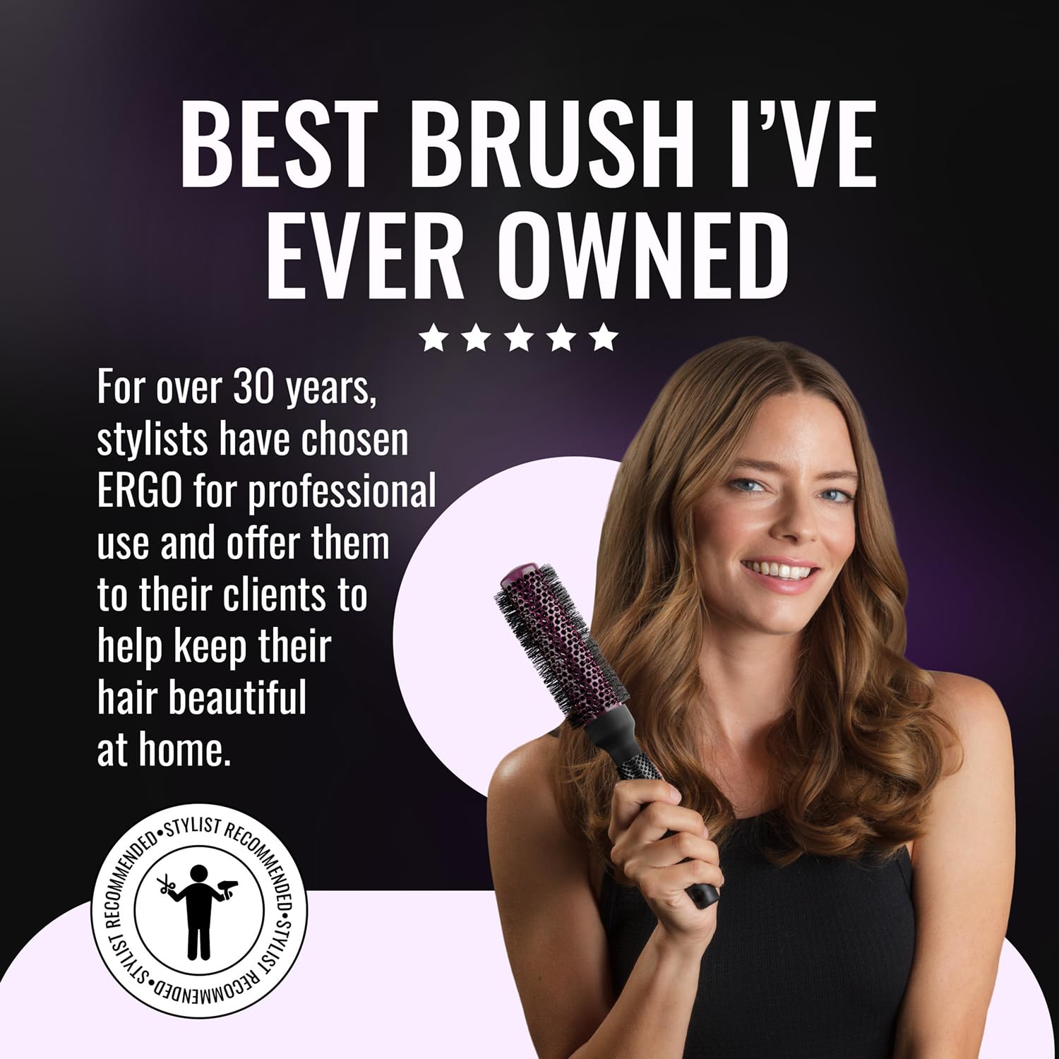 ERGO round brush for wet and dry hair enables versatile blowouts.