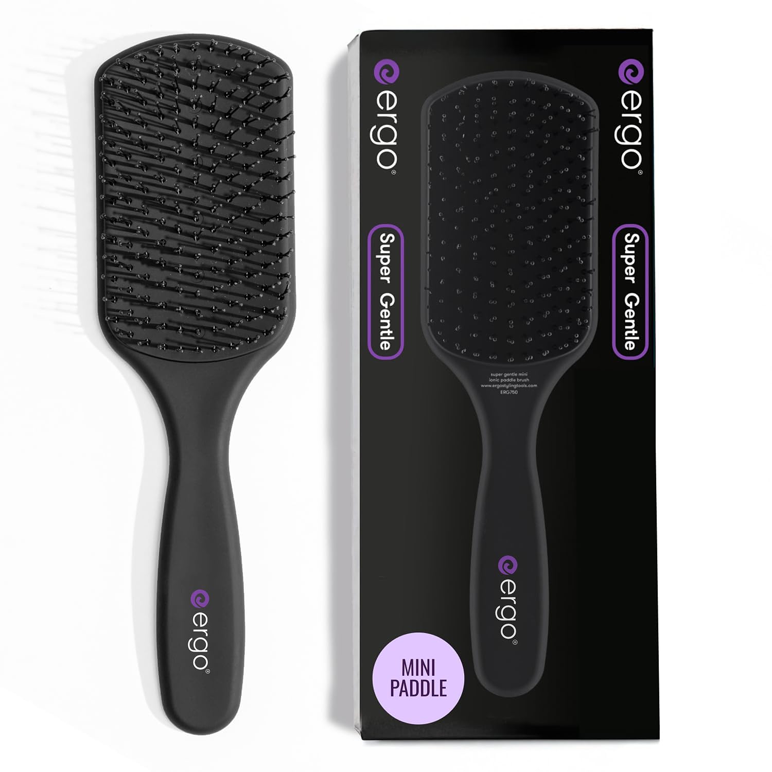 ERGO Super Gentle Mini Paddle Brush closeup for effortless detangling.