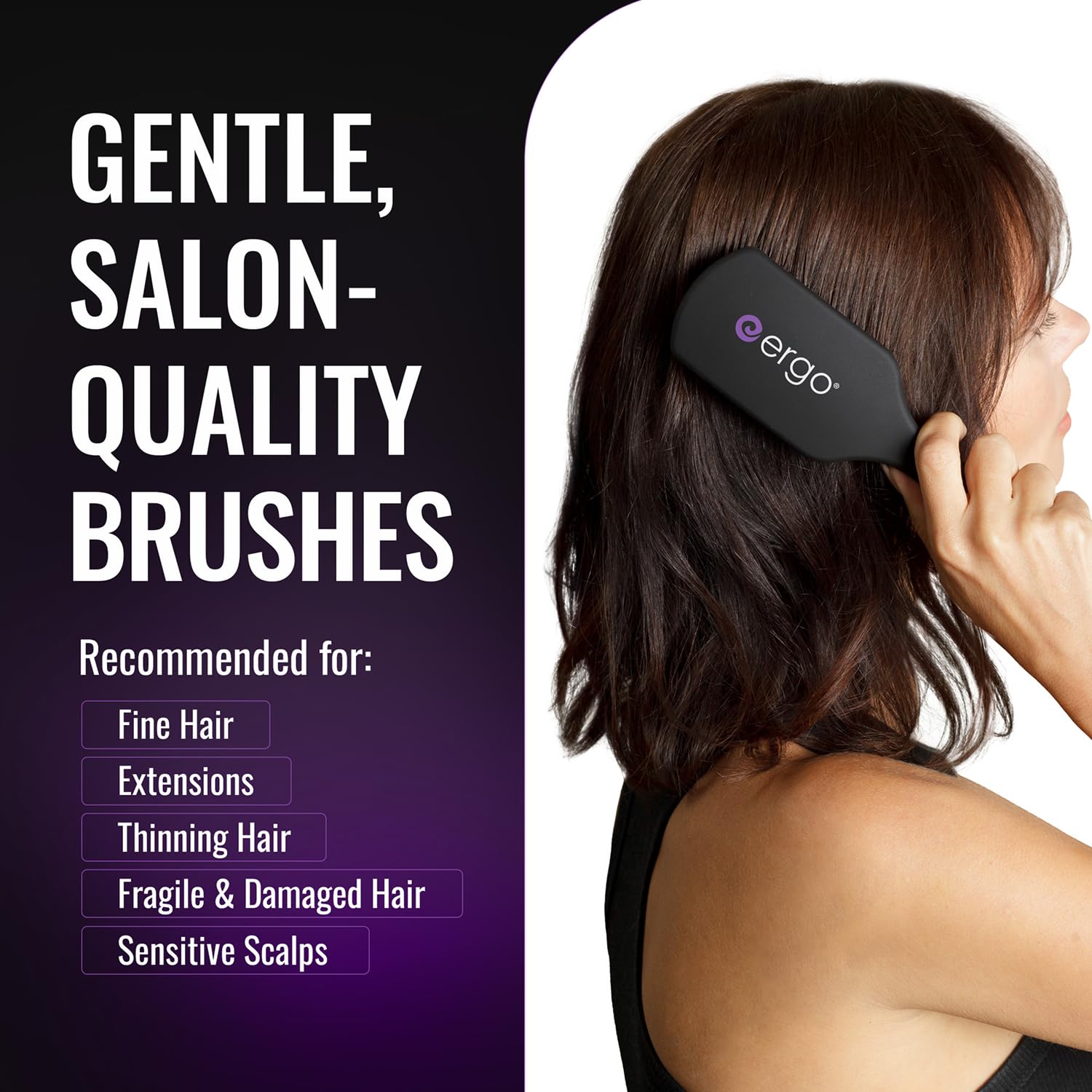ERGO Super Gentle Mini Paddle Brush grip-handle shows ergonomic comfort.