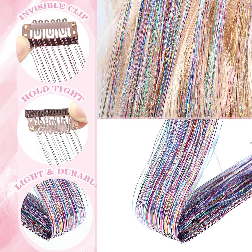 EROADE fairy tinsel extensions in pink and multicolor add festive shine.