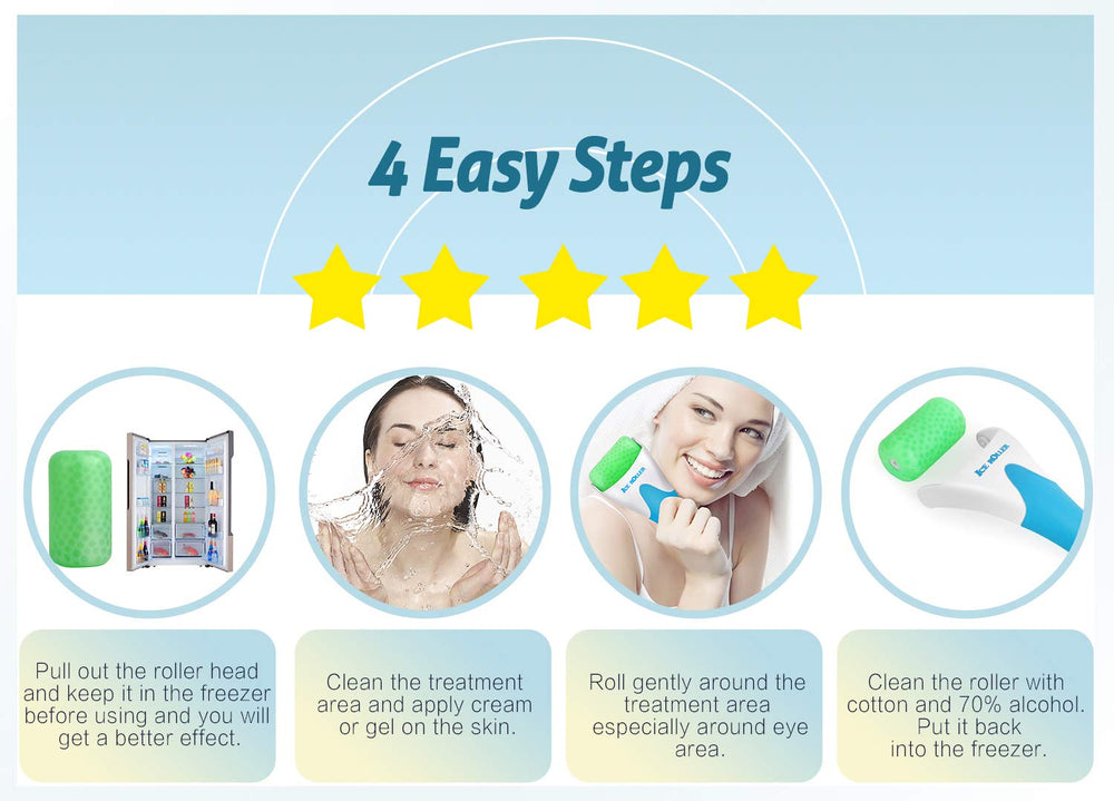 ESARORA Ice Roller on neck and facial areas helps calm redness and tension.