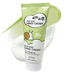 Esfolio crema de manos con mucina de caracol – foco en tubo, hidratación profunda.