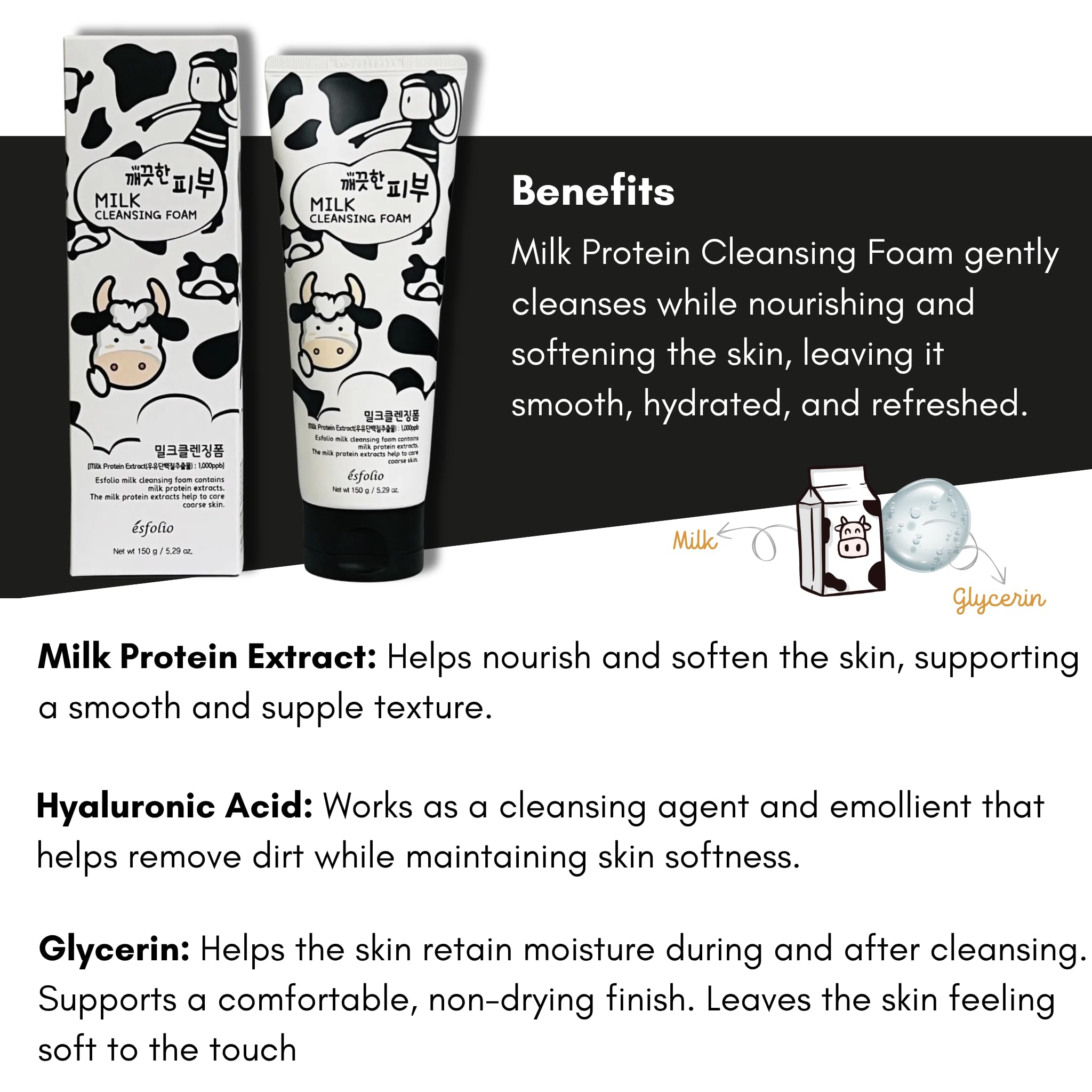 Esfolio Milk Cleansing Foam face after wash shows soft, hydrated skin.