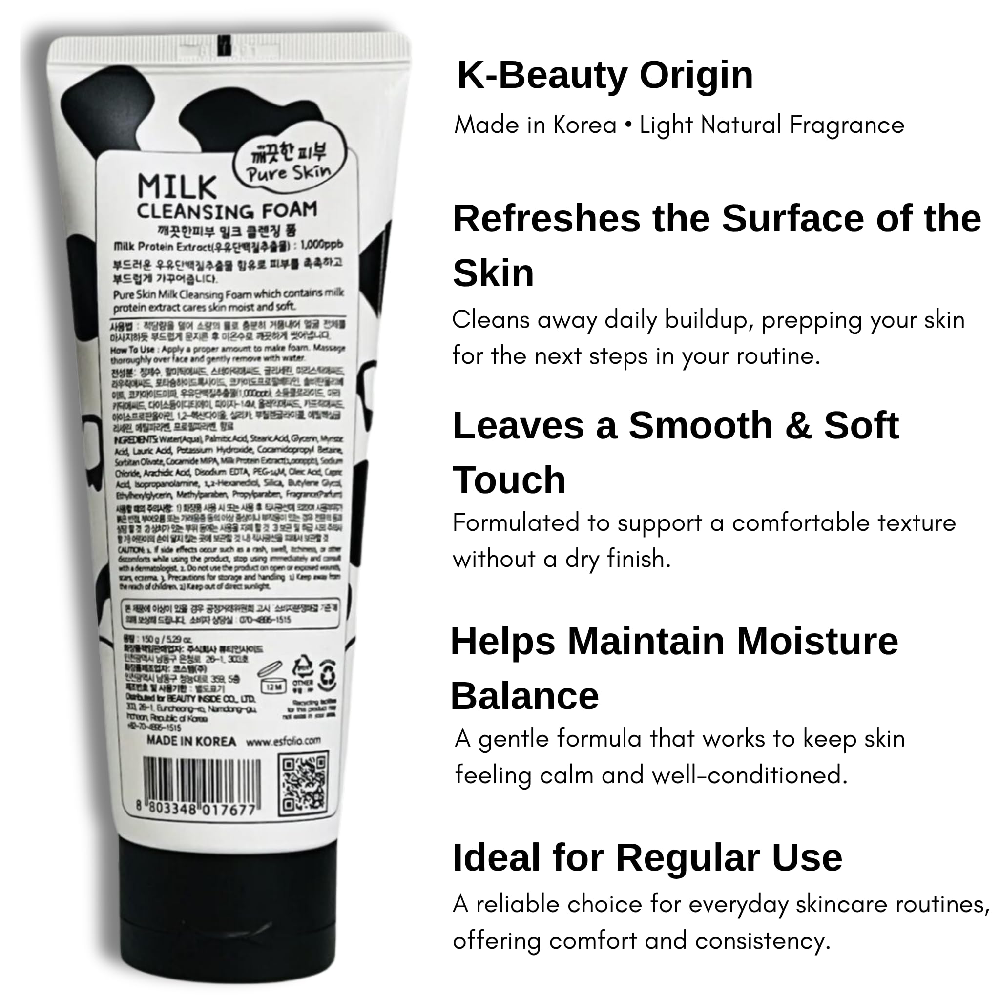 Esfolio Milk Cleansing Foam packaging box highlights Korean skincare heritage.