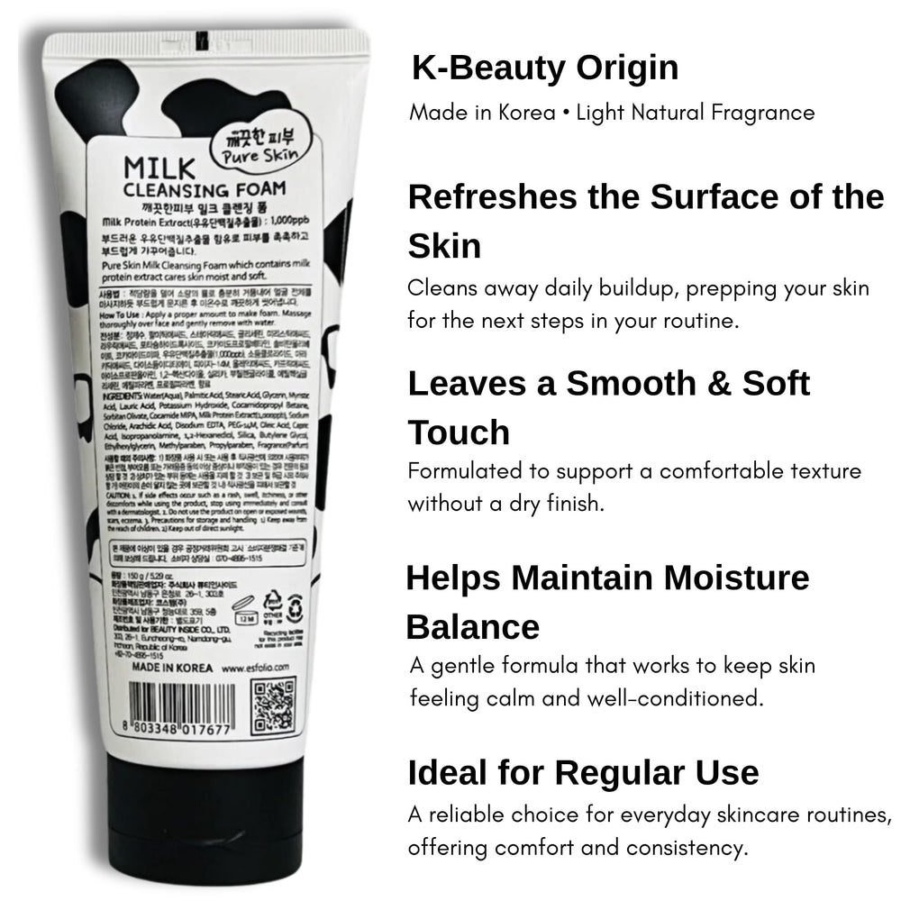 Esfolio Milk Cleansing Foam packaging box highlights Korean skincare heritage.