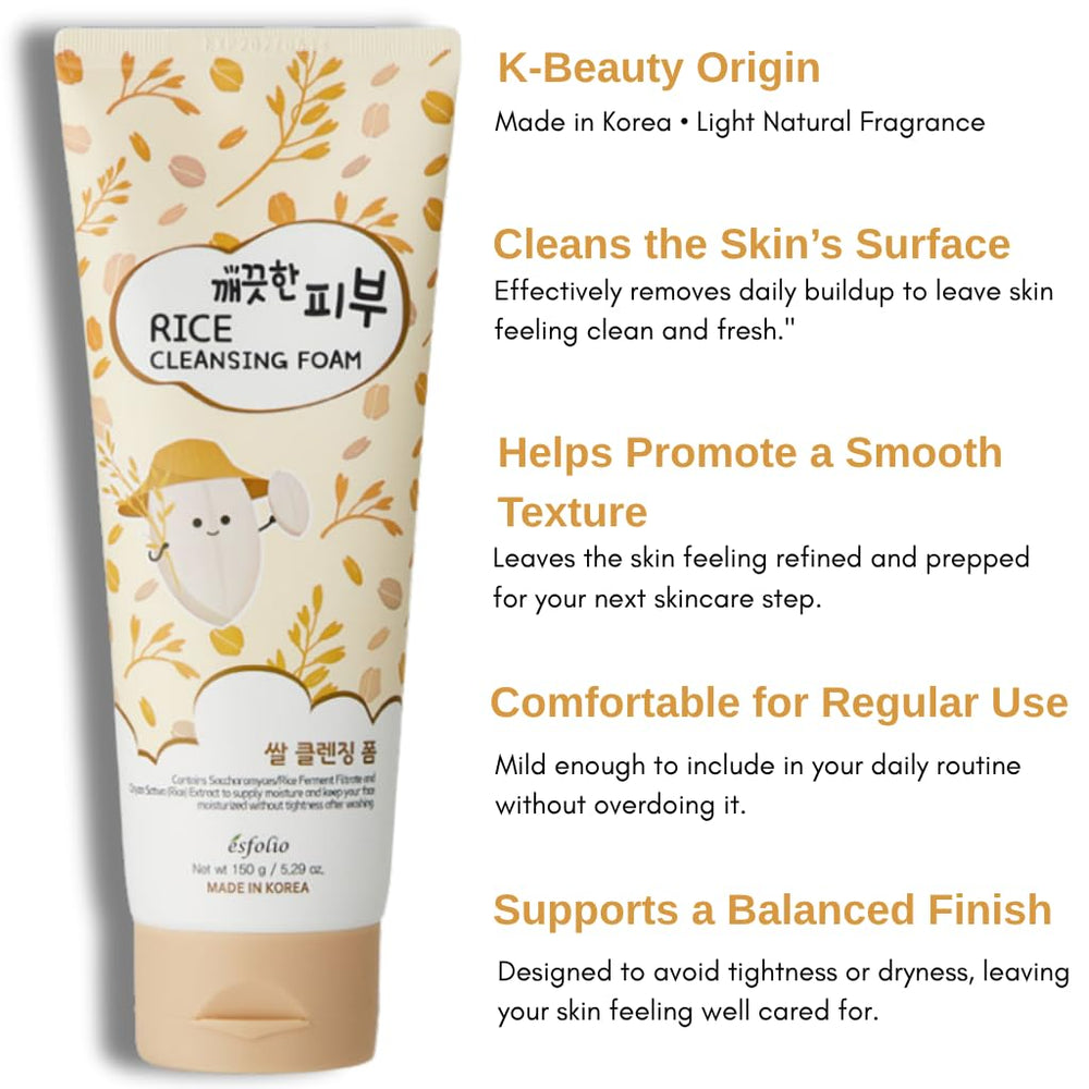 Esfolio Rice Cleansing Foam packaging-150ml indicates travel-friendly size and value.