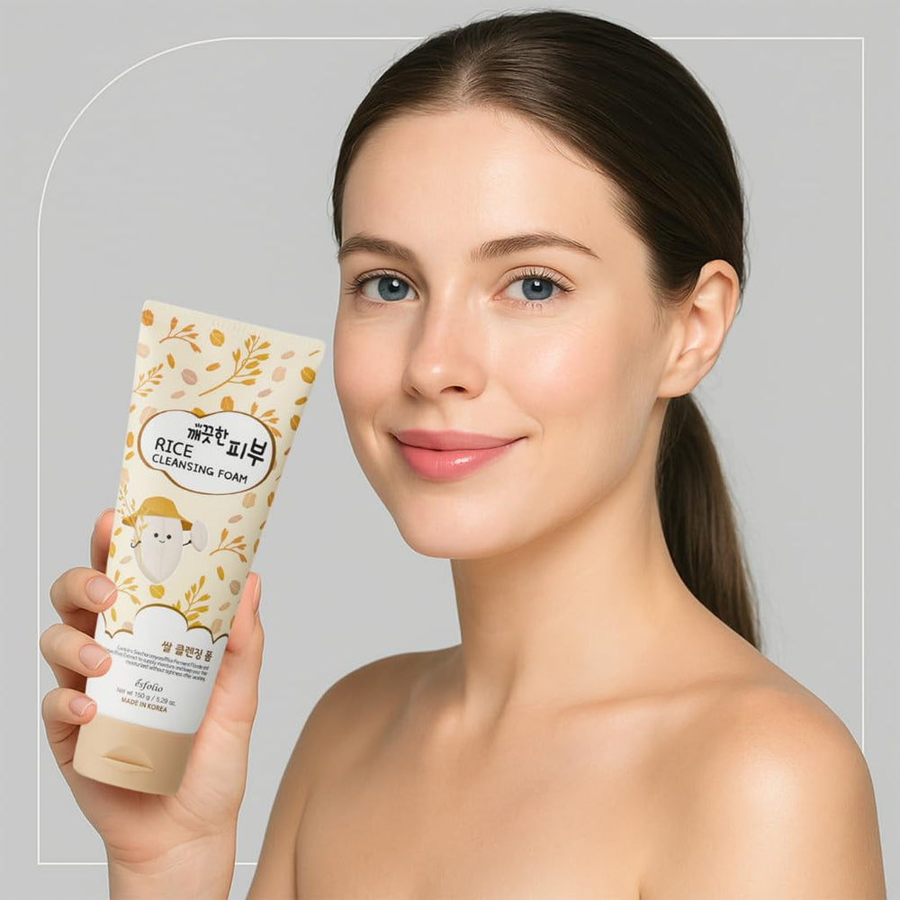 Esfolio Rice Cleansing Foam travel-friendly-tube ideal for gym or on-the-go cleansing.