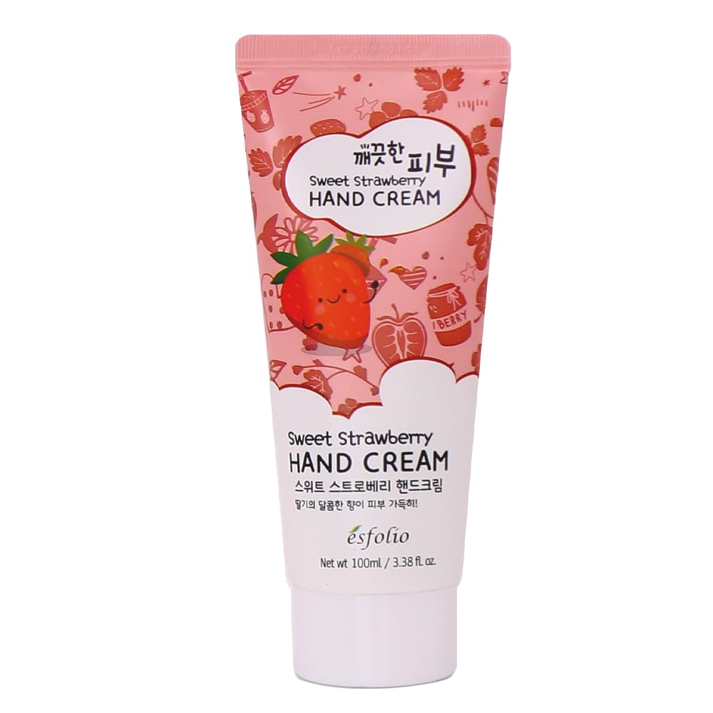 Esfolio Crema de Manos Dulce de Fresa, botella-verter, hidratación rápida para manos secas.