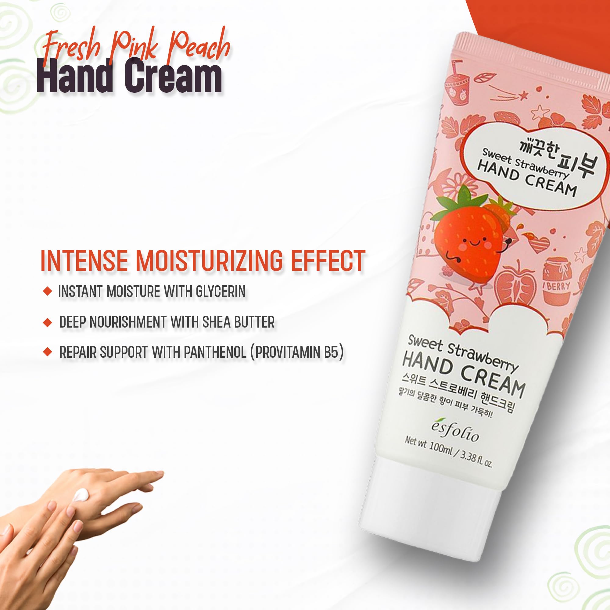 Esfolio Crema de Manos Dulce de Fresa, manos suaves y fragancia suave de fresa.