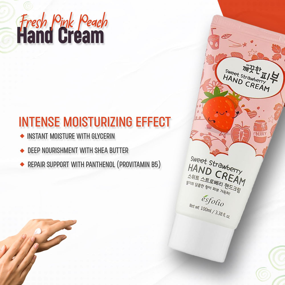 Esfolio Crema de Manos Dulce de Fresa, manos suaves y fragancia suave de fresa.