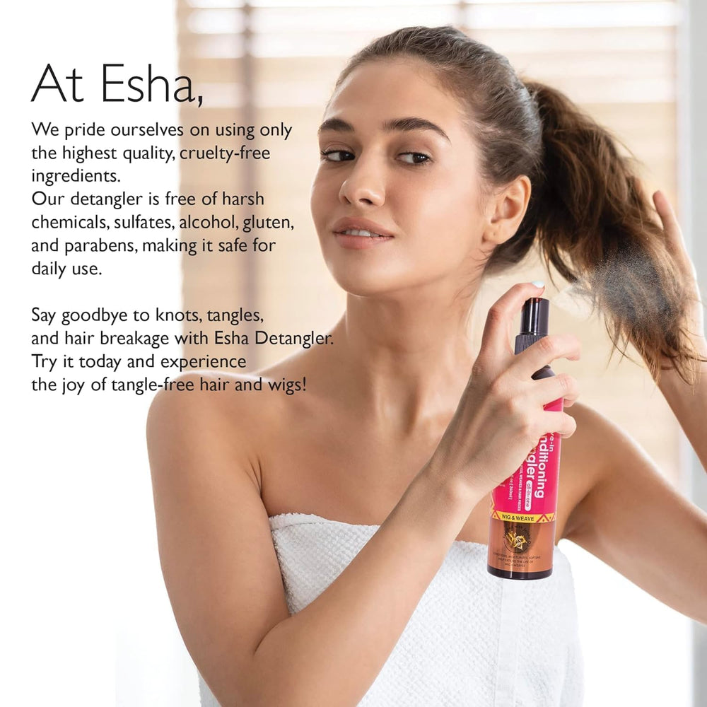 Etiqueta sin sulfatos de Esha Girl cuida pelucas y extensiones.
