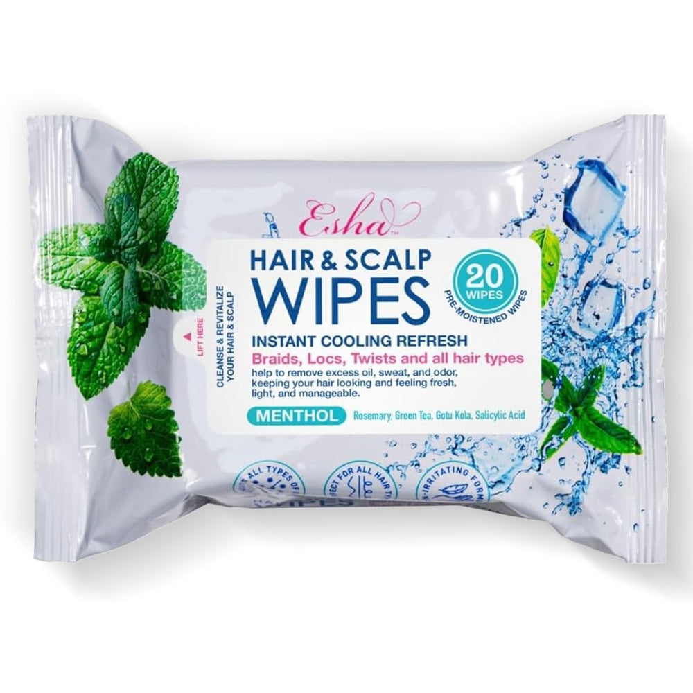 Toallitas ESHA para cabello y cuero cabelludo con enfriamiento inmediato, ideal para trenzas y locs.