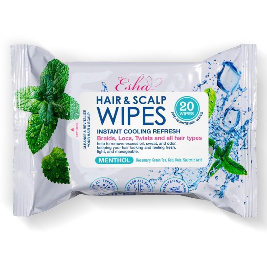 Toallitas ESHA para cabello y cuero cabelludo con enfriamiento inmediato, ideal para trenzas y locs.