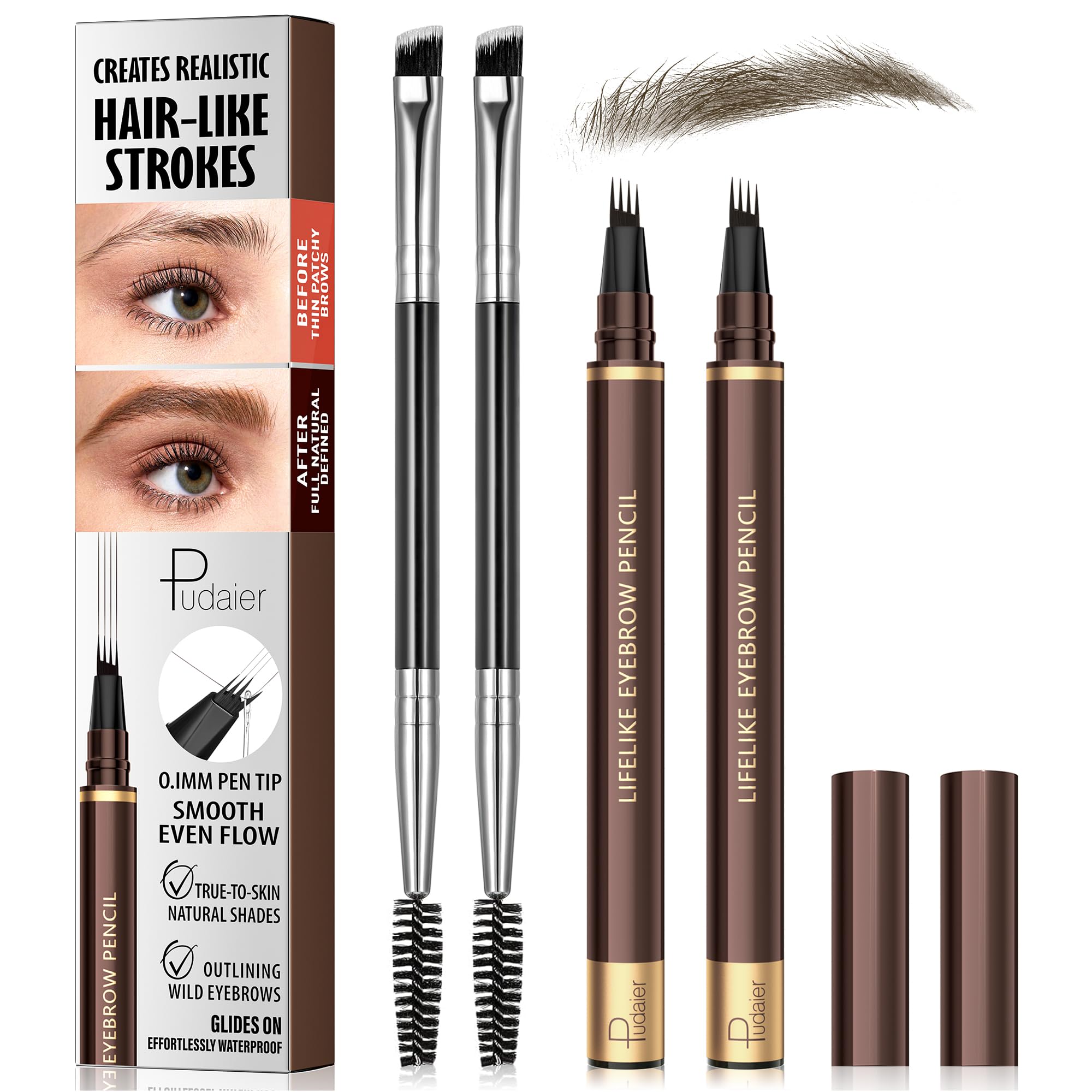 Espoce 2-pack 4-tip microblading eyebrow pen demonstrates precise hair-like strokes for natural brows.