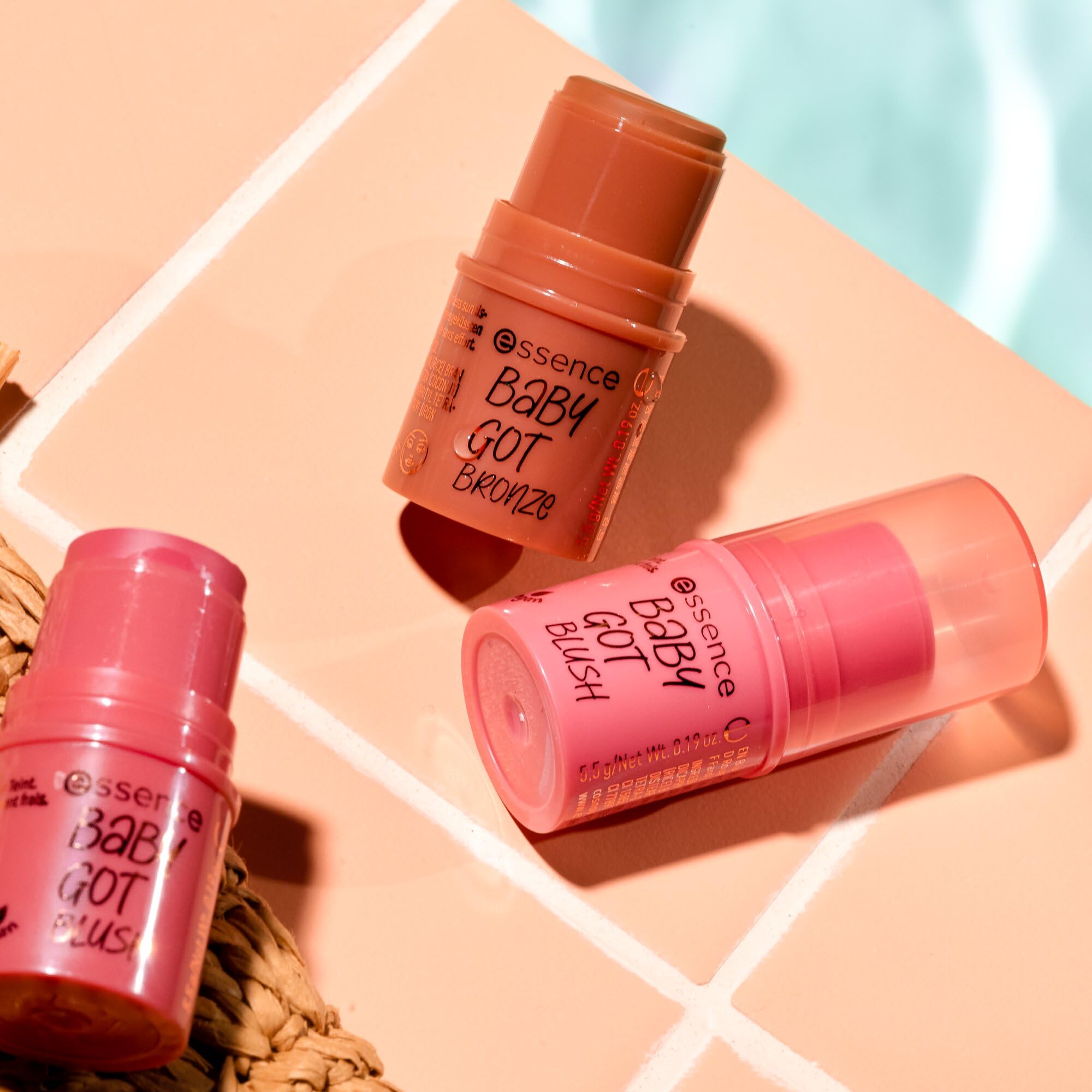 essence Baby Got Bronze finish on eyelids and lips for all-over radiance.
