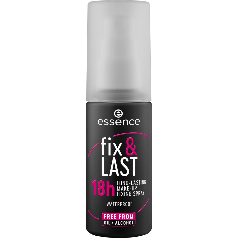 Essence Fix Last 18H mist bottle locks makeup with a lightweight finish.