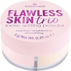 Pigmentos triados de Essence Flawless Skin Trio para corrección suave y luminosa.