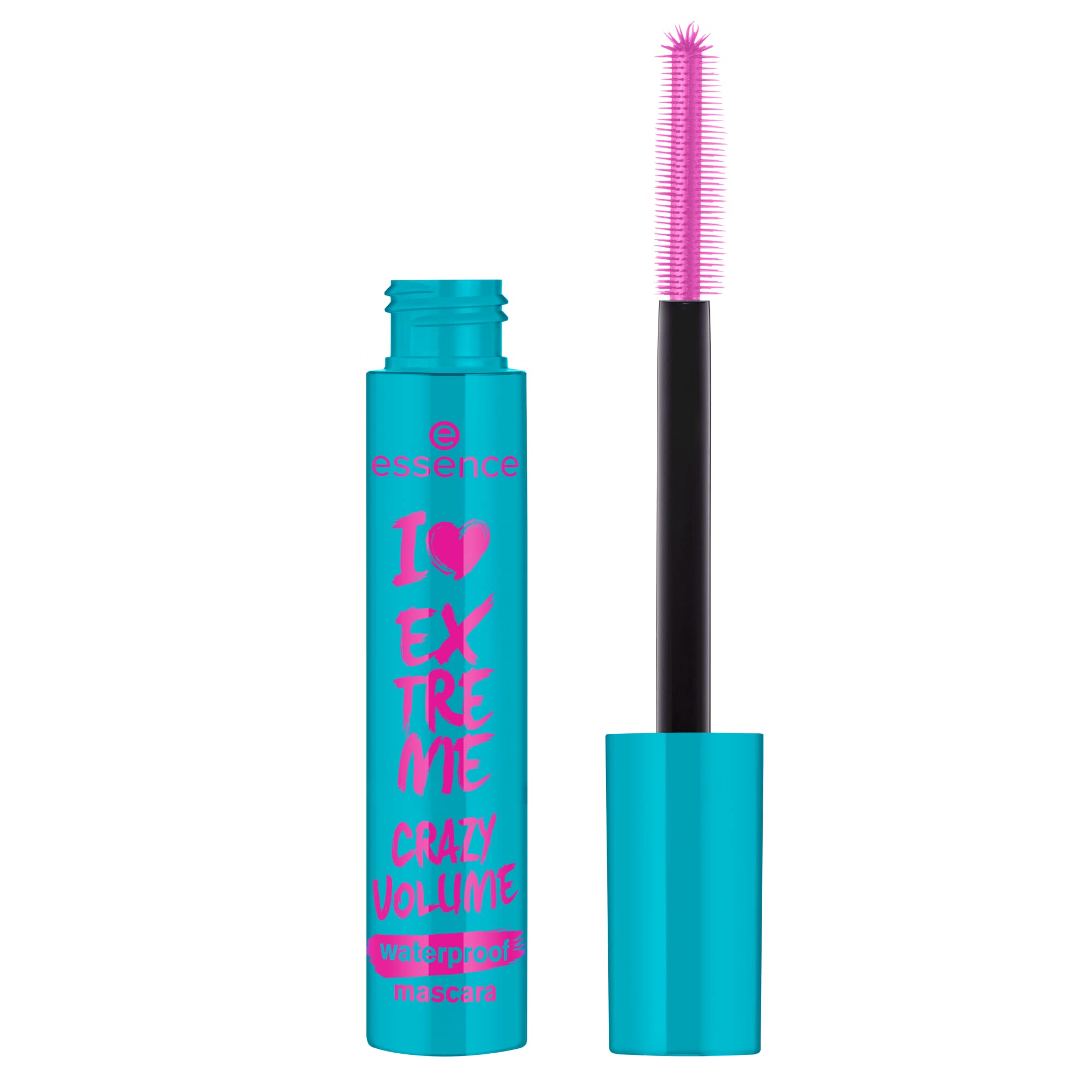 essence I Love Extreme Mascara bottle close-up highlighting the bold waterproof formula.