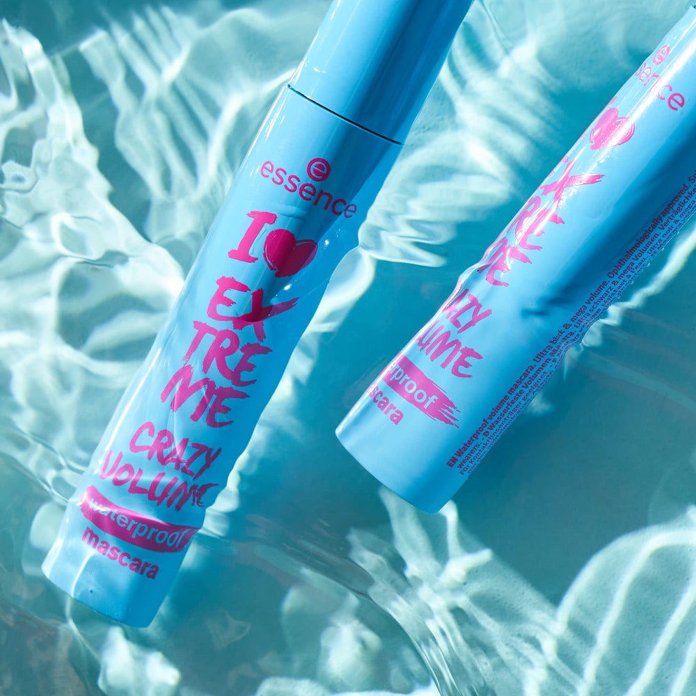 essence I Love Extreme waterproof mascara packaging and tube design emphasizes bold appeal.