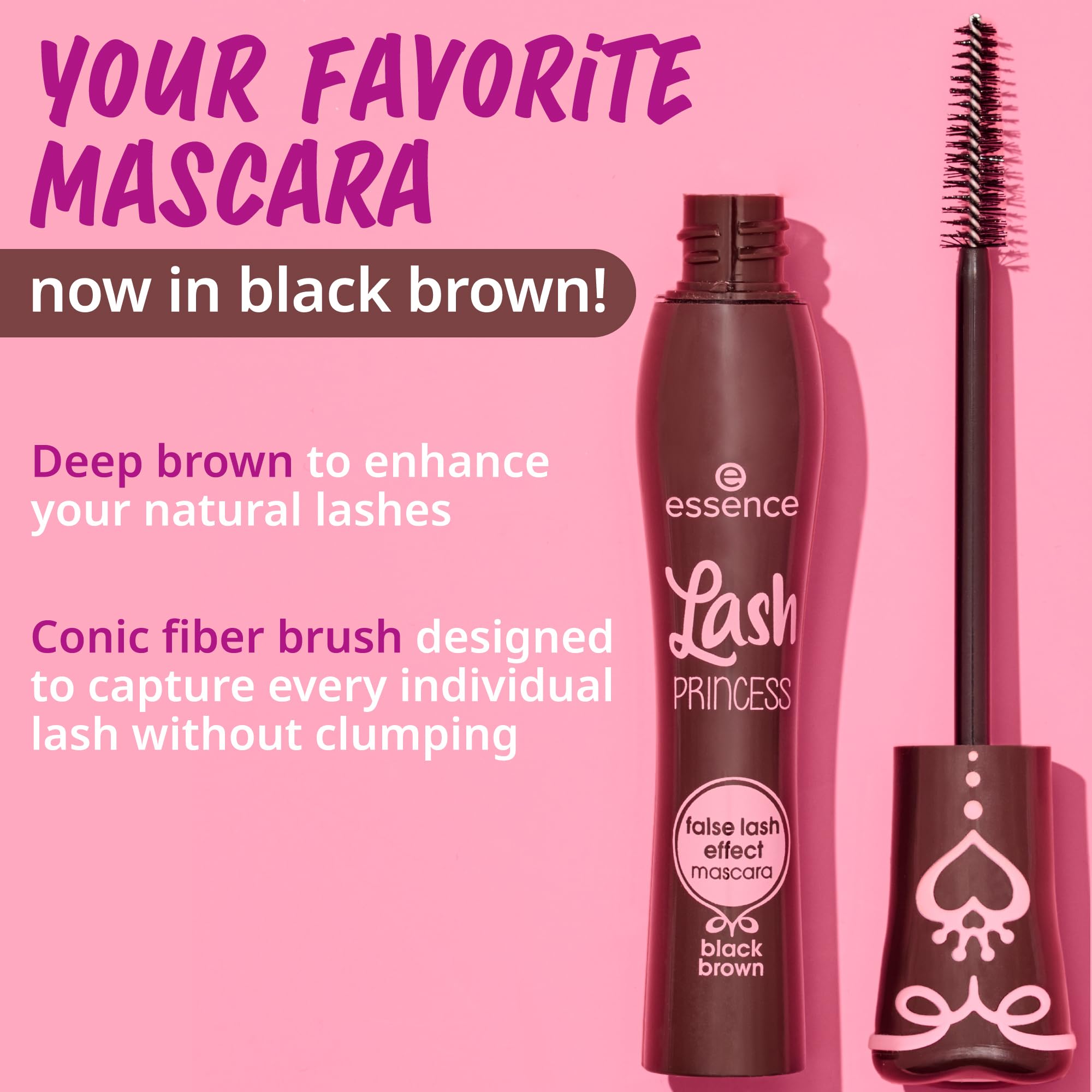 essence Lash Princess Brown mascara on packaging front promotes vegan, cruelty-free appeal.