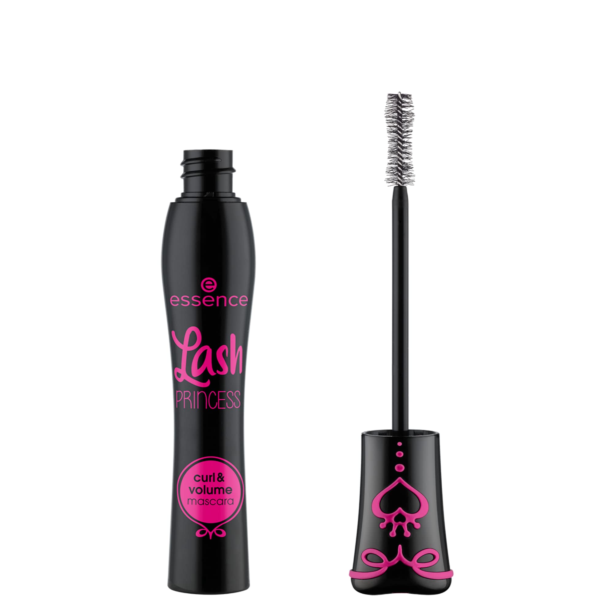 Essence Lash Princess Mascara, cepillo curvo para volumen y rizo definidor.