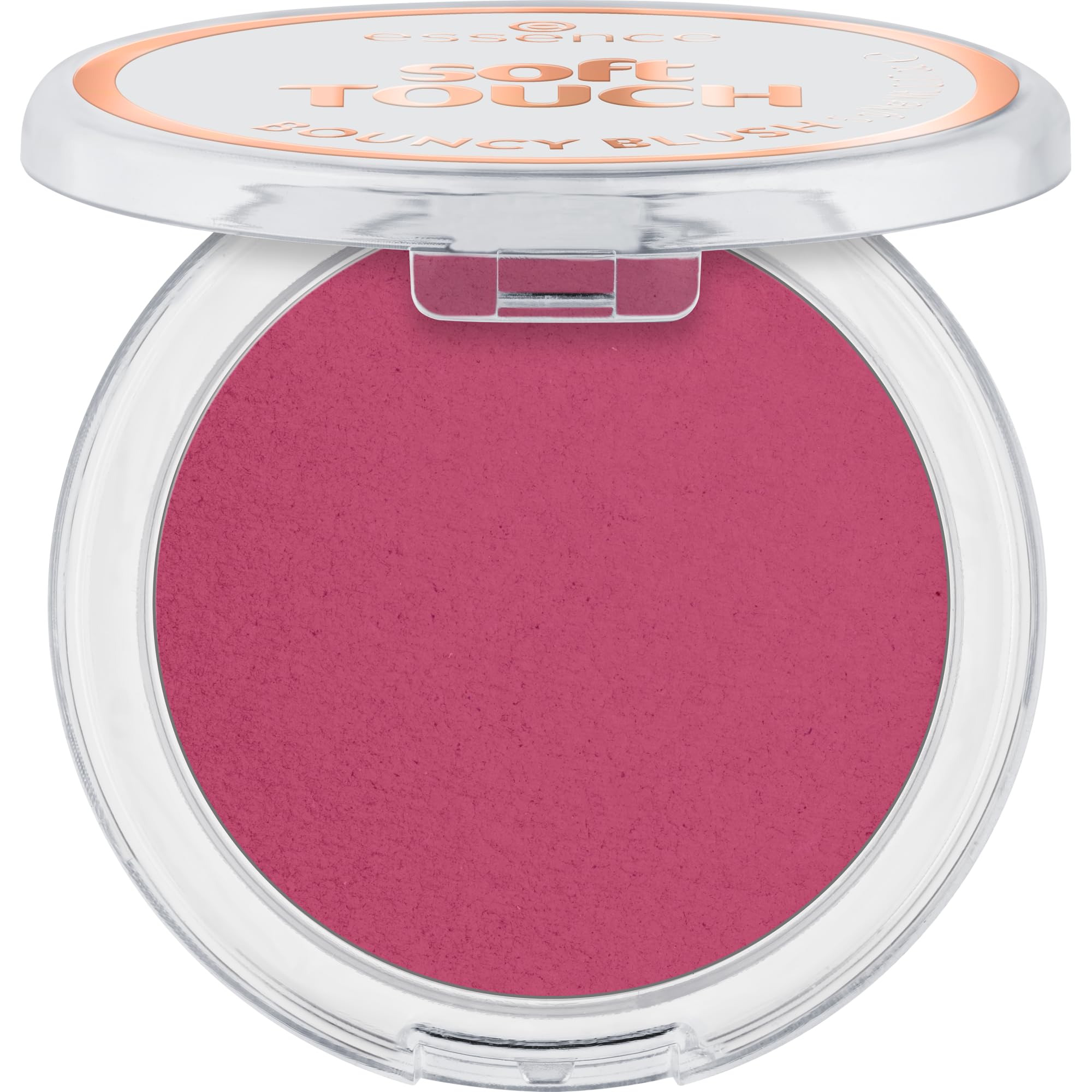 essence Soft Touch Bouncy Blush swatch Electric Peony for a natural, lasting flush.
