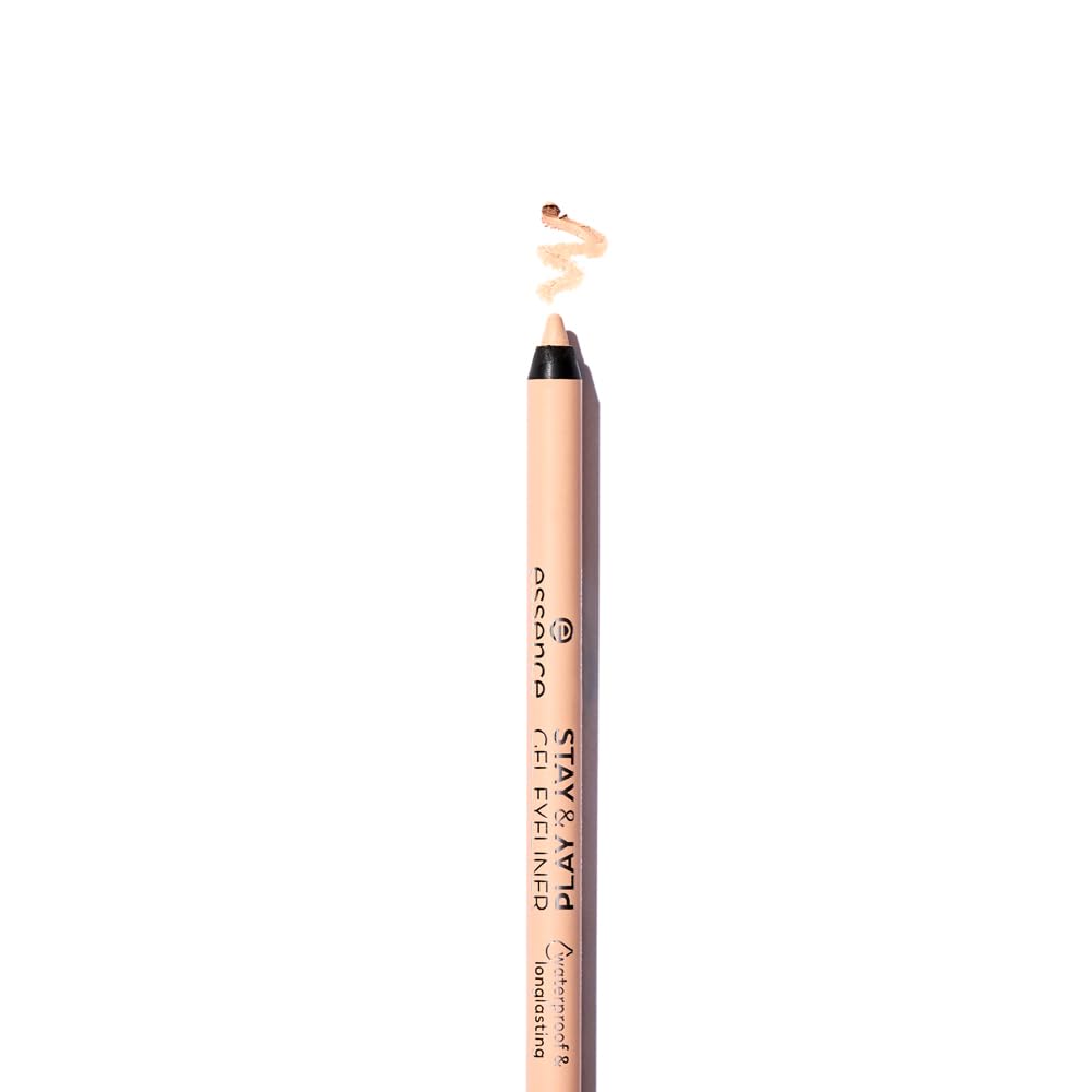 essence Stay & Play Gel Eyeliner cap closeup showing silky nude shade for precise lining.