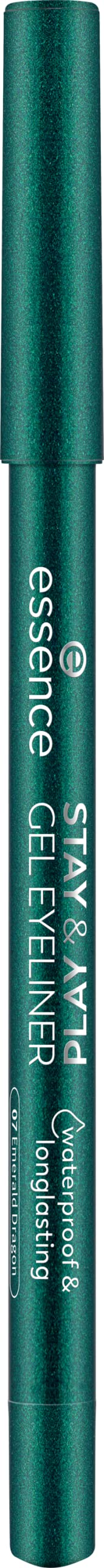 essence Stay & Play Gel Eyeliner Emerald Dragon application close-up for precise winged lines.