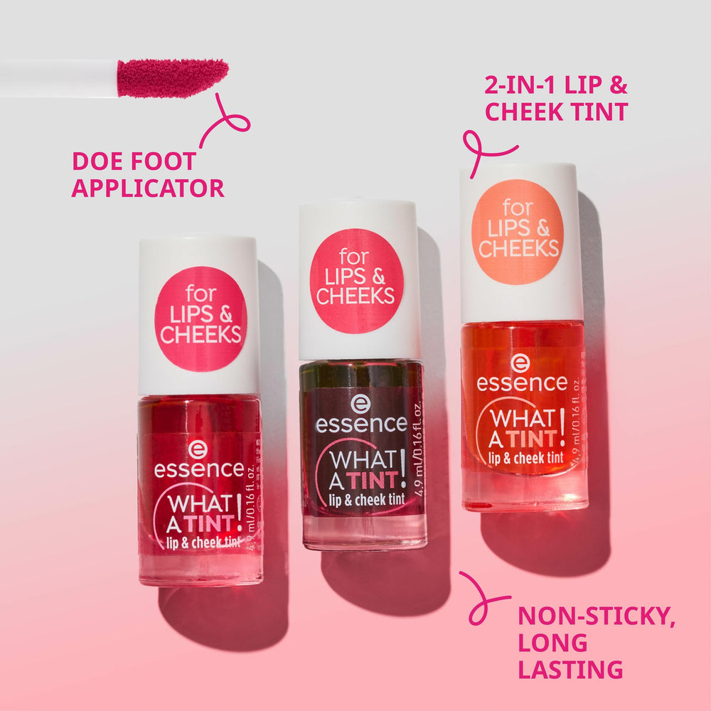 essence What a Tint lip stain on lips delivers non-sticky color