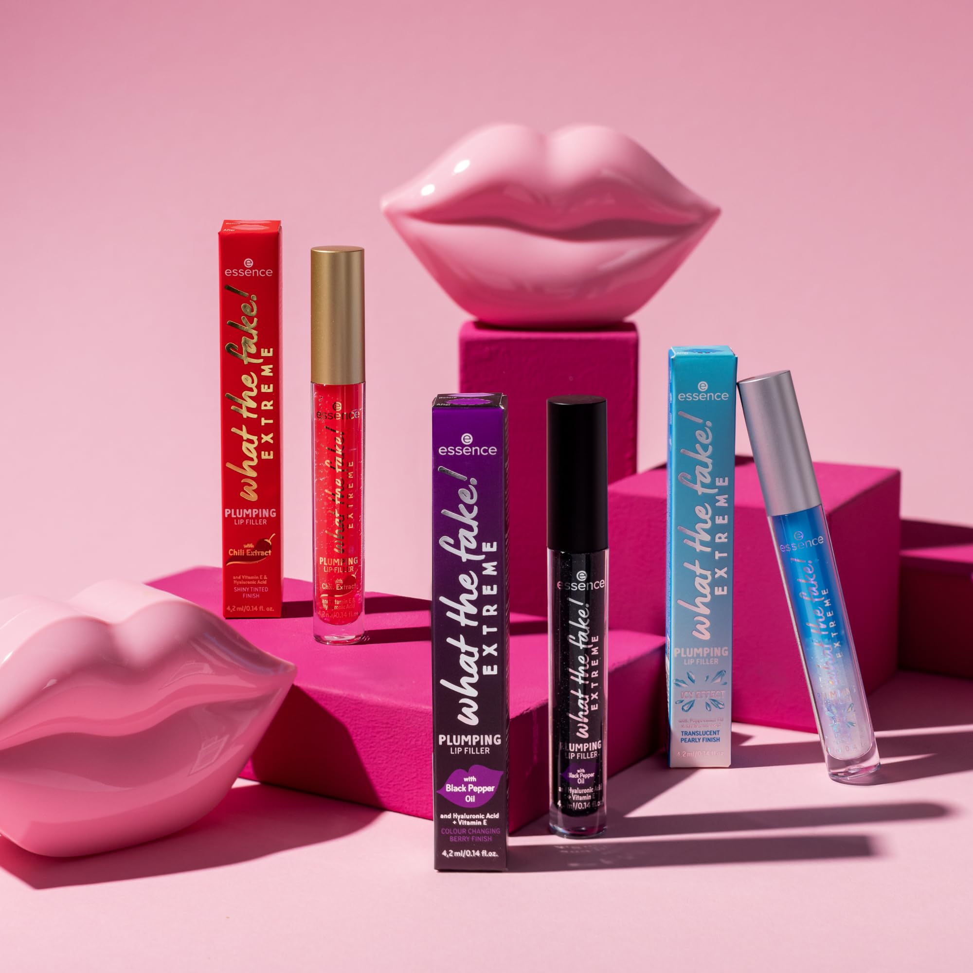 essence What the Fake lip filler application on lips—instant plump and radiant shine.