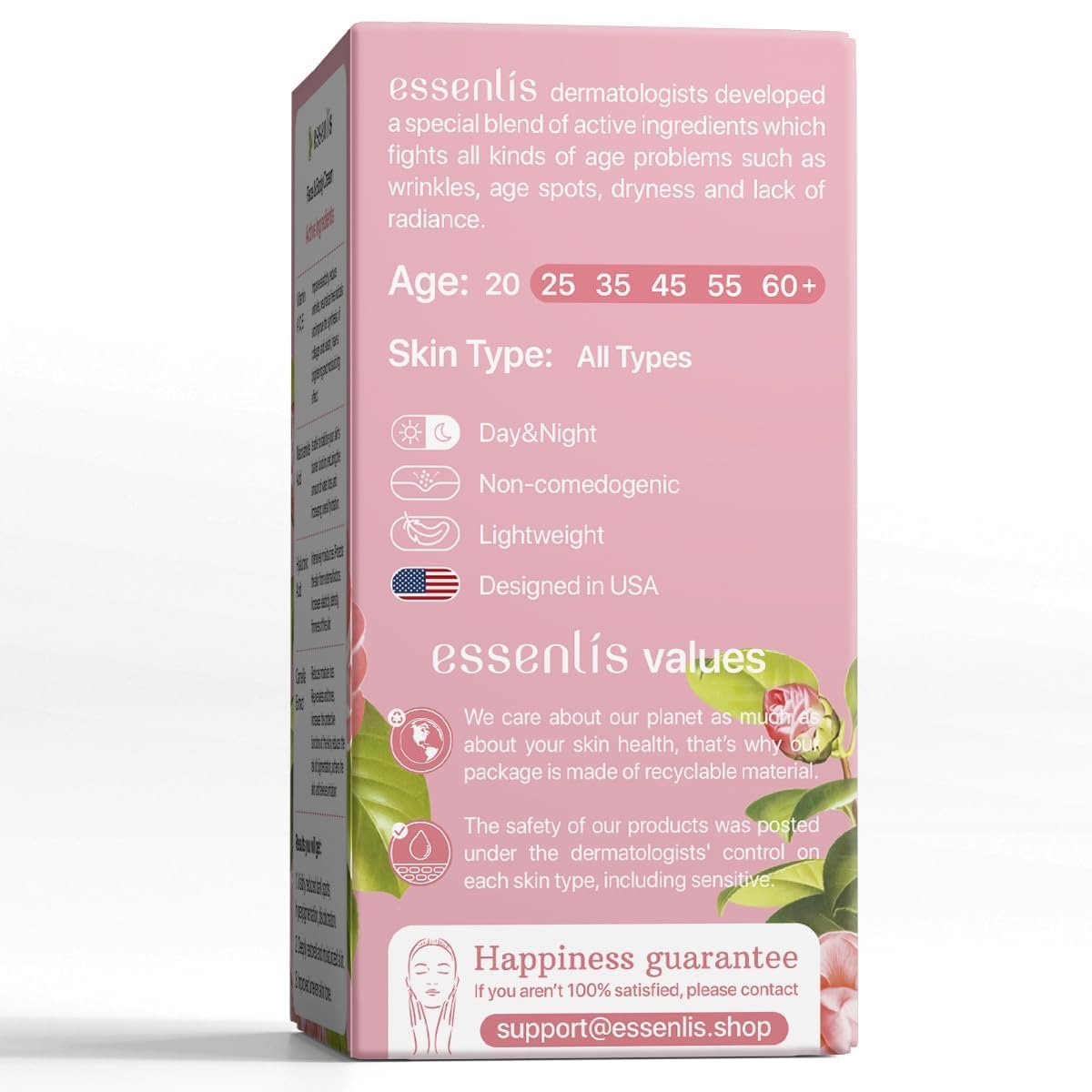 ESSENLIS sensitive-skin safe formula underlines dermatologist-tested, non-comedogenic care.
