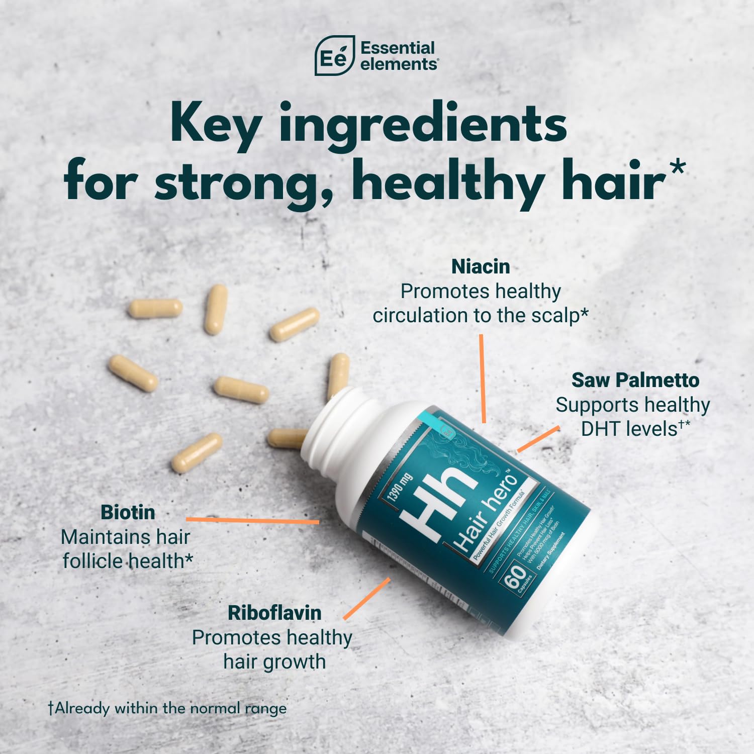 Essential Elements Hair Hero label highlights quality and USA-made production.