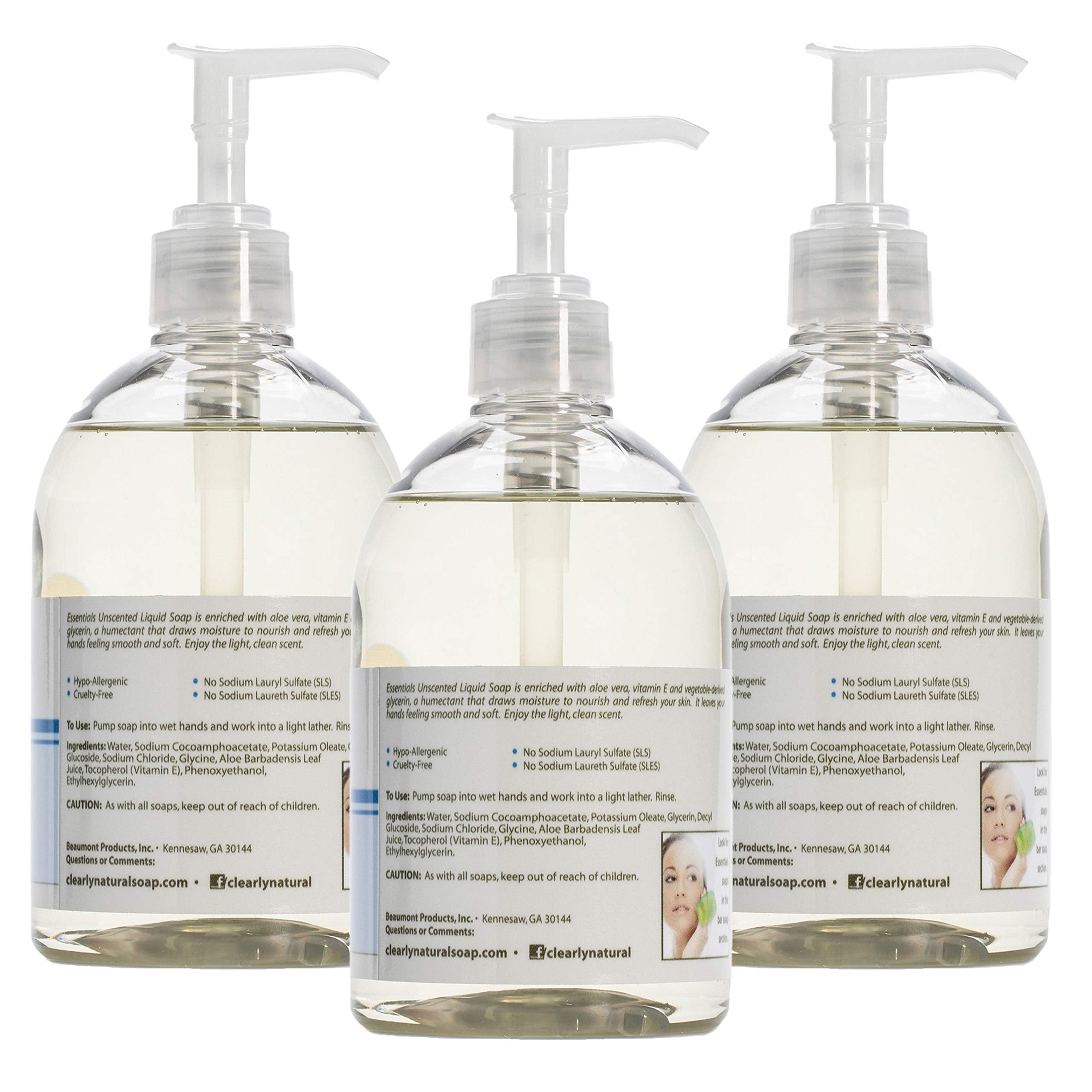 Etiqueta sin fragancia en botella Essentials para piel sensible.