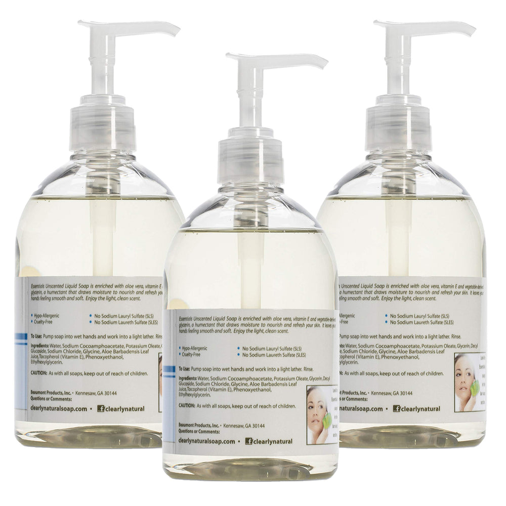 Etiqueta sin fragancia en botella Essentials para piel sensible.