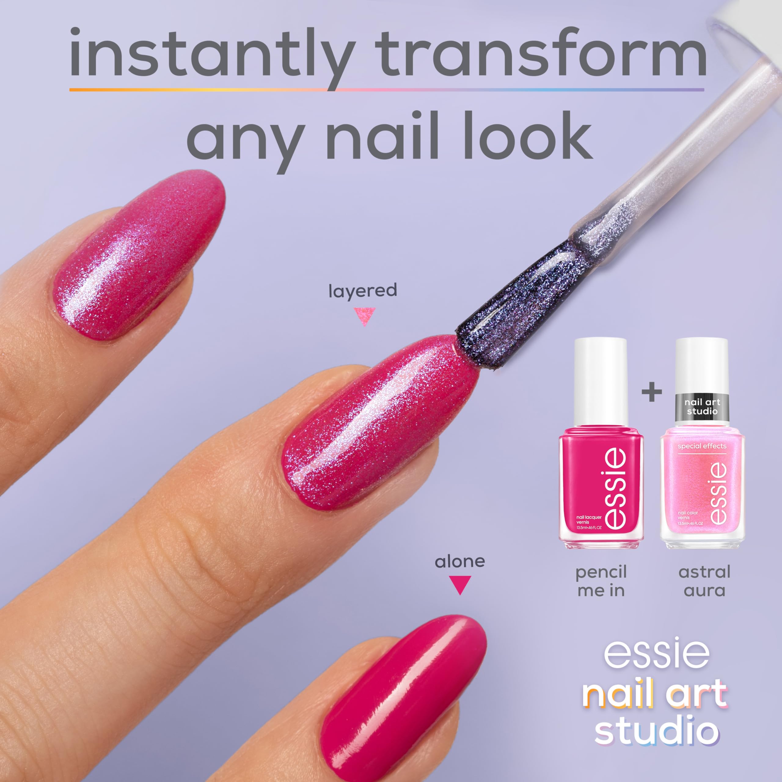Esmalte vegano Essie Astral Aura con perlas brillantes para textura sutil.
