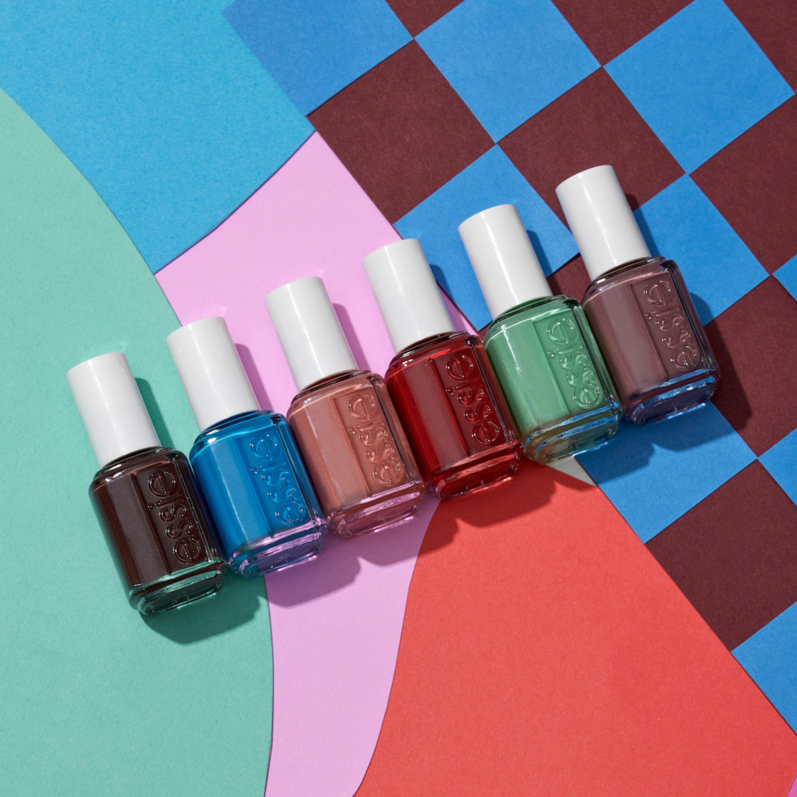 essie base coat, two coats color, and top coat illustrated for complete manicure