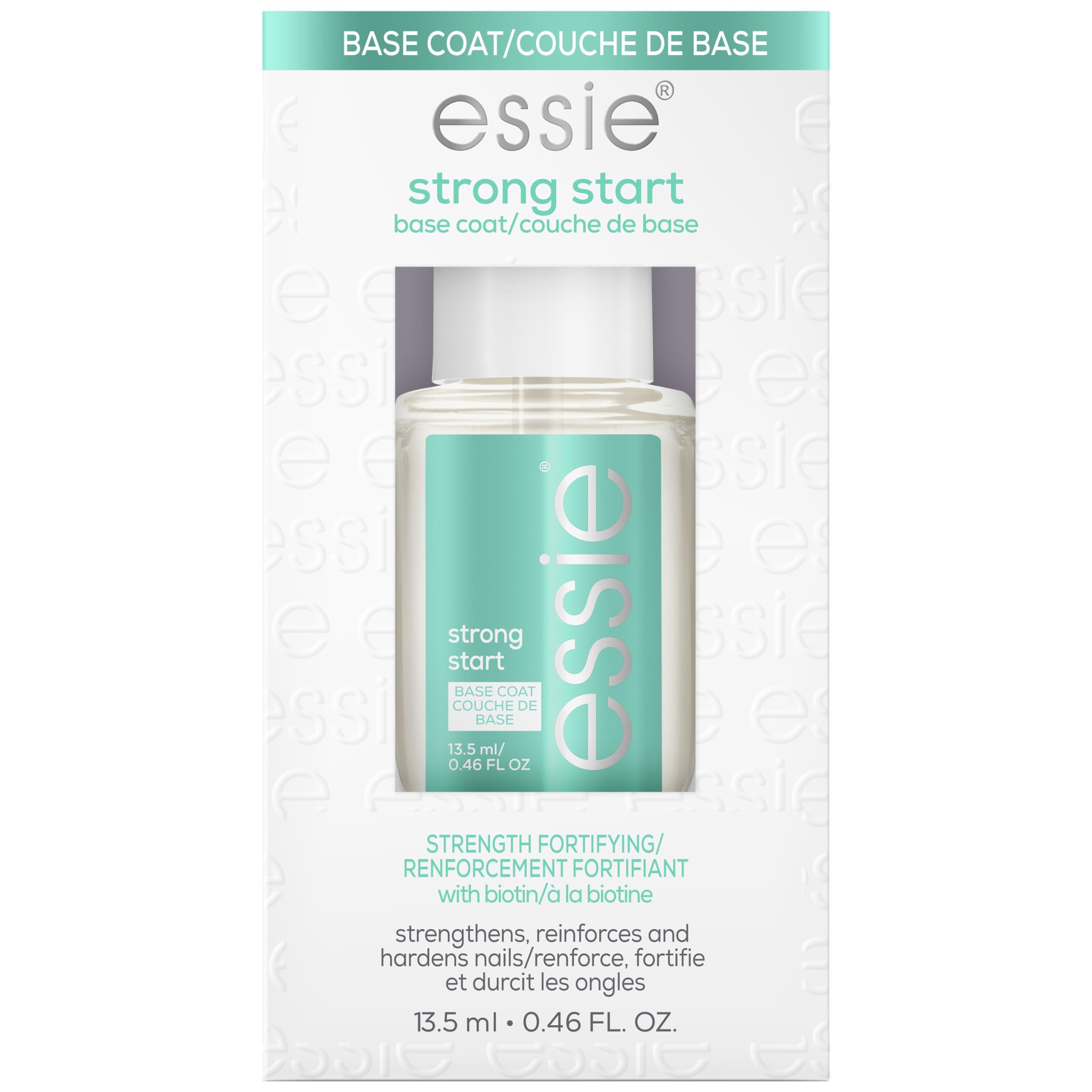La botella essie-base-fortalecedora muestra una base fortificante para uñas más fuertes.