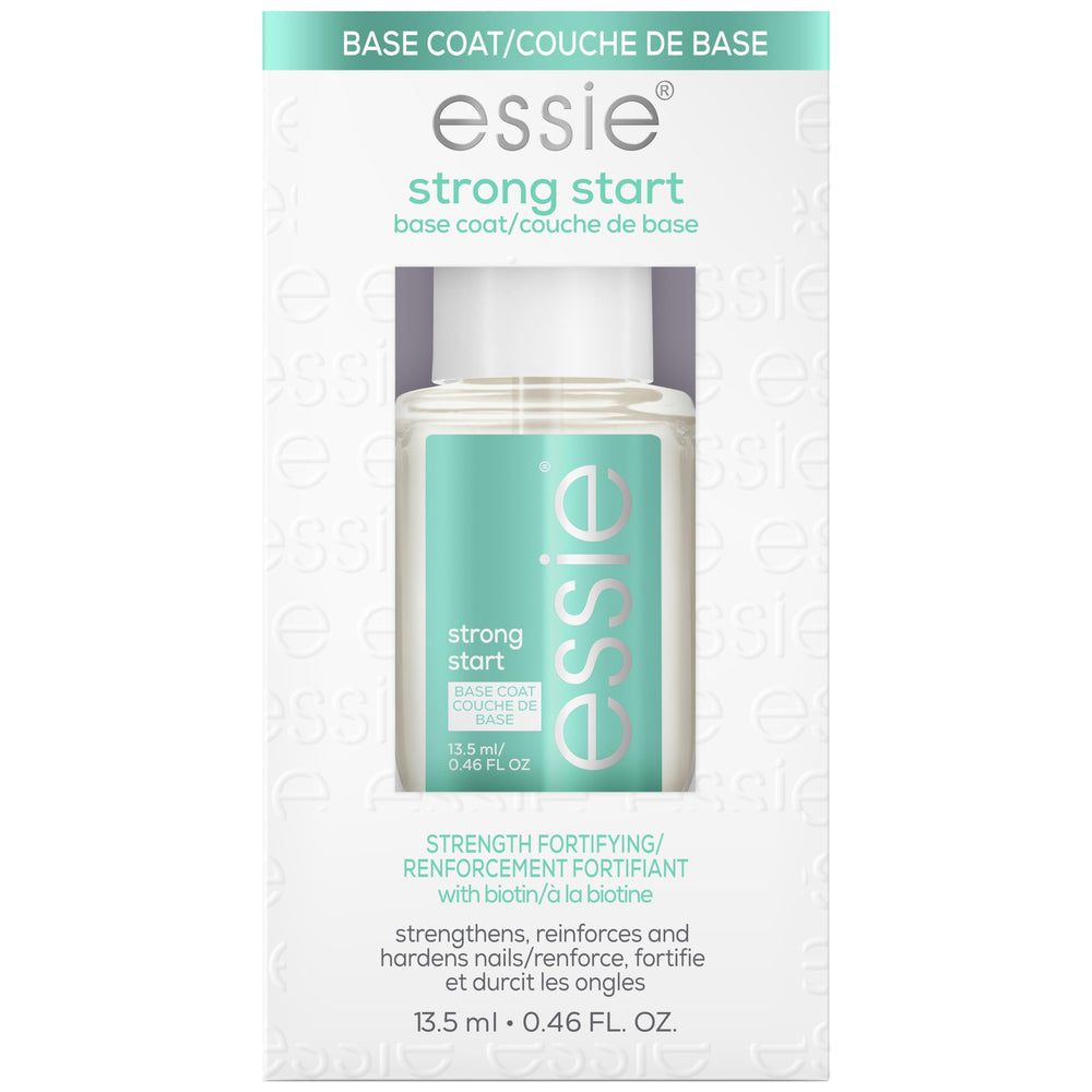 La botella essie-base-fortalecedora muestra una base fortificante para uñas más fuertes.