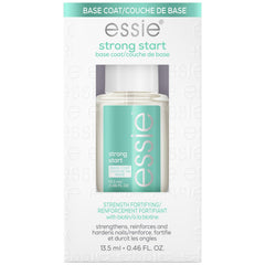 La botella essie-base-fortalecedora muestra una base fortificante para uñas más fuertes.