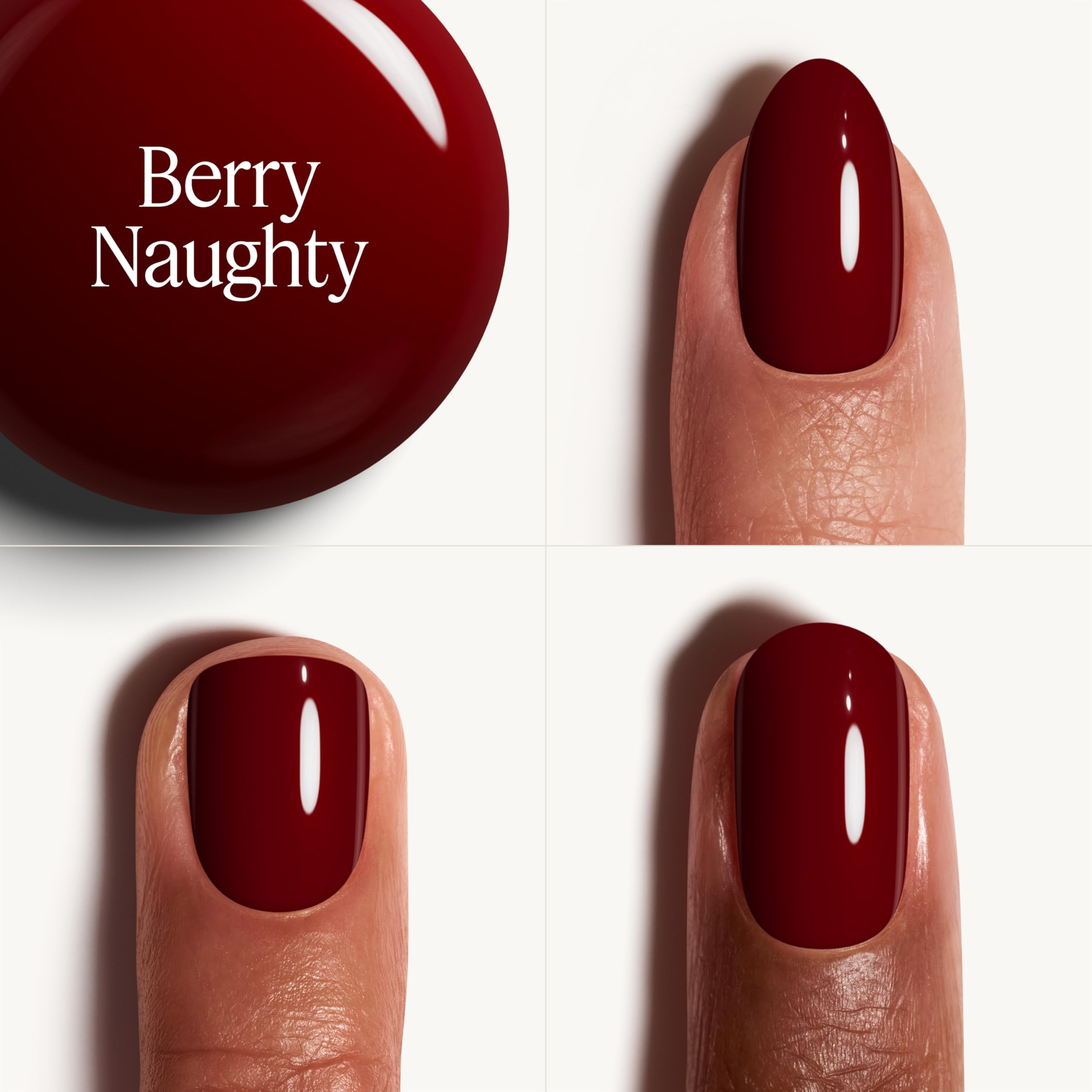 Berry Naughty de essie ofrece acabado brillante que realza el color profundo.