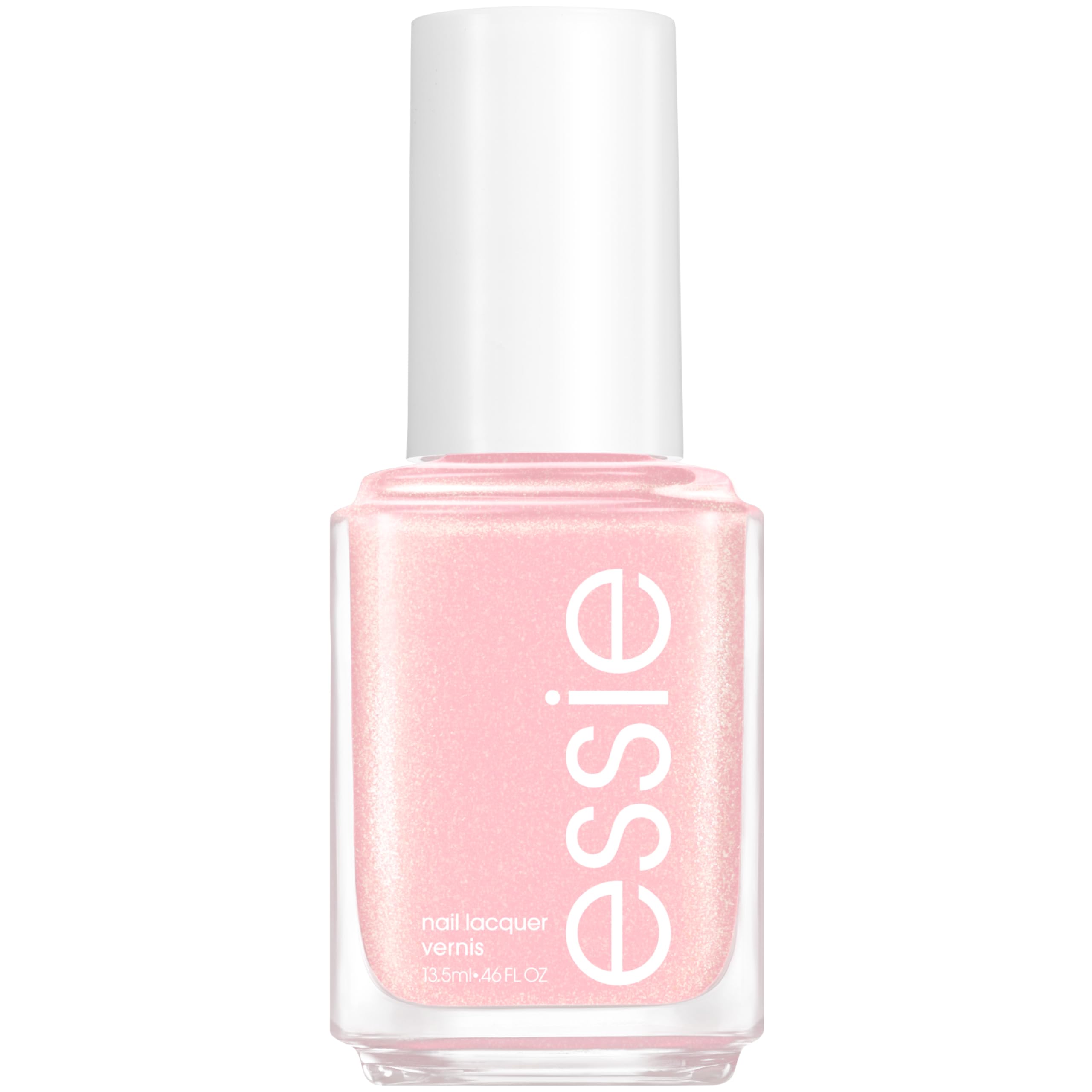 Essie Birthday Girl bottle view shows iridescent pink shine for a chic manicure.