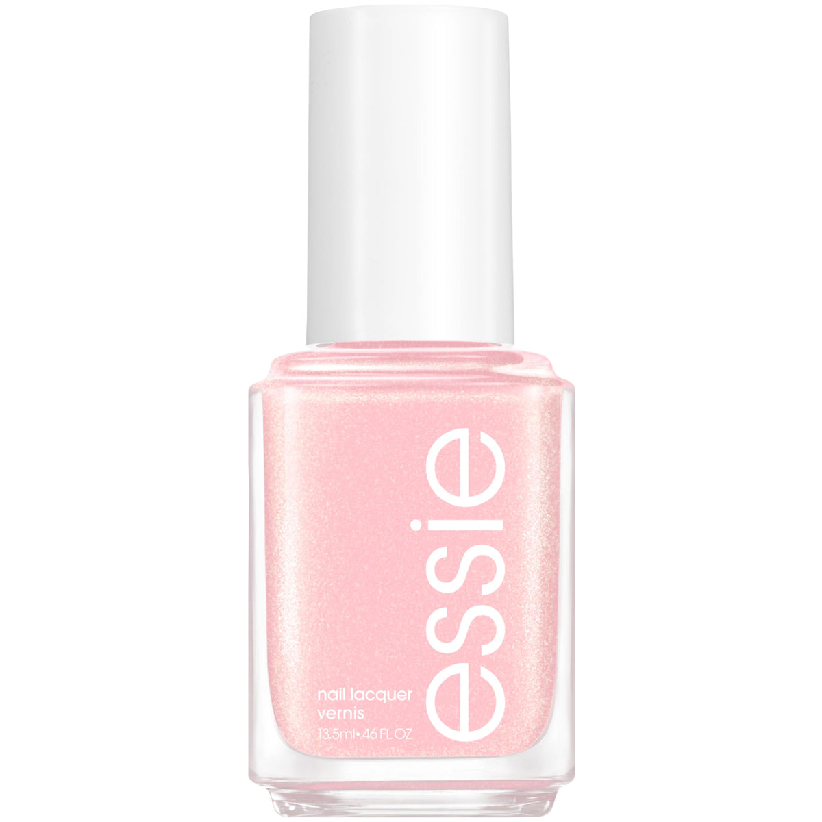 Essie Birthday Girl bottle view shows iridescent pink shine for a chic manicure.