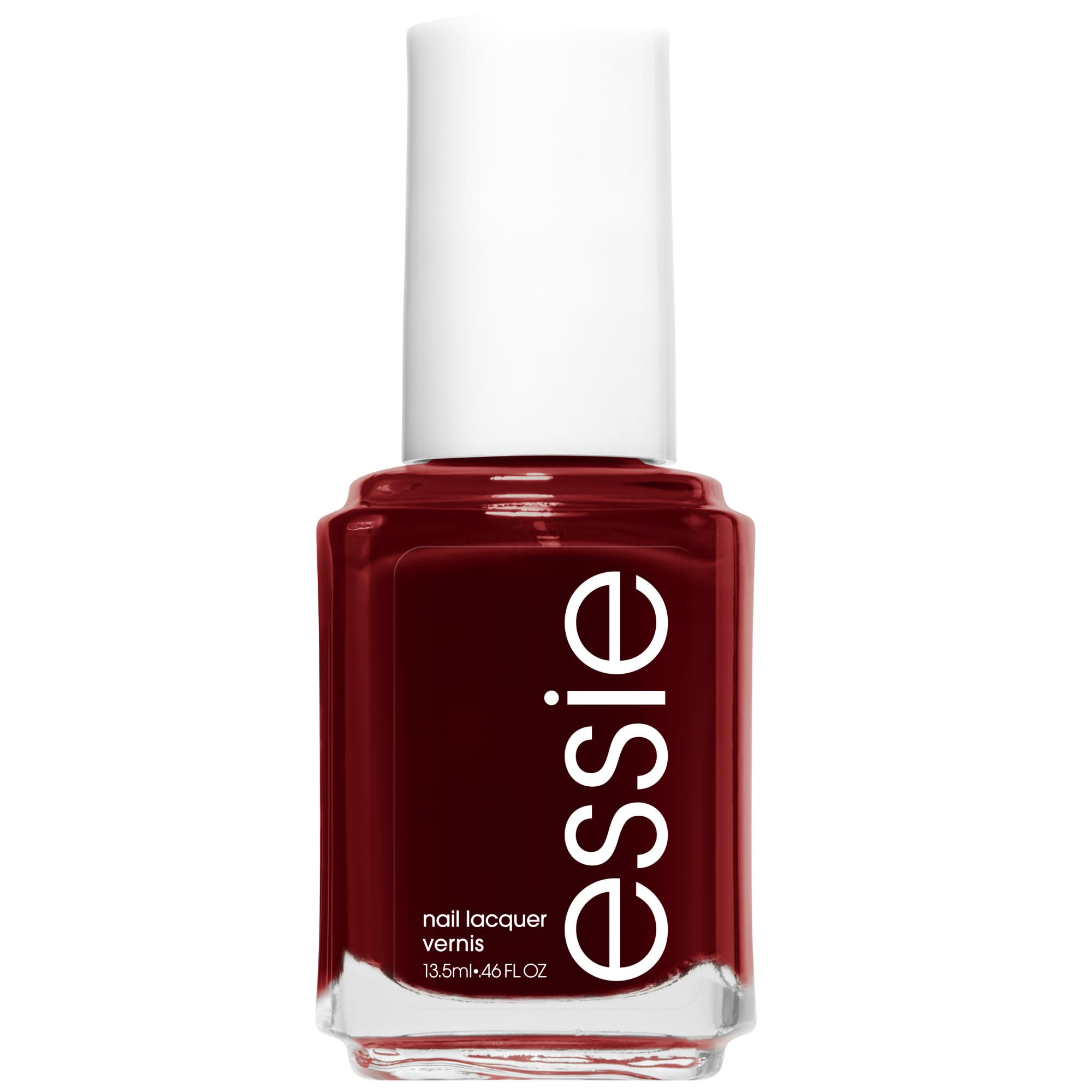 Esmalte essie Burdeos con brillo en botella para look de salón.