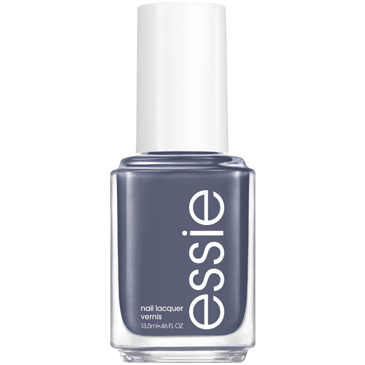 Esmalte essie tono acero gris con acabado cremoso para look de salón.