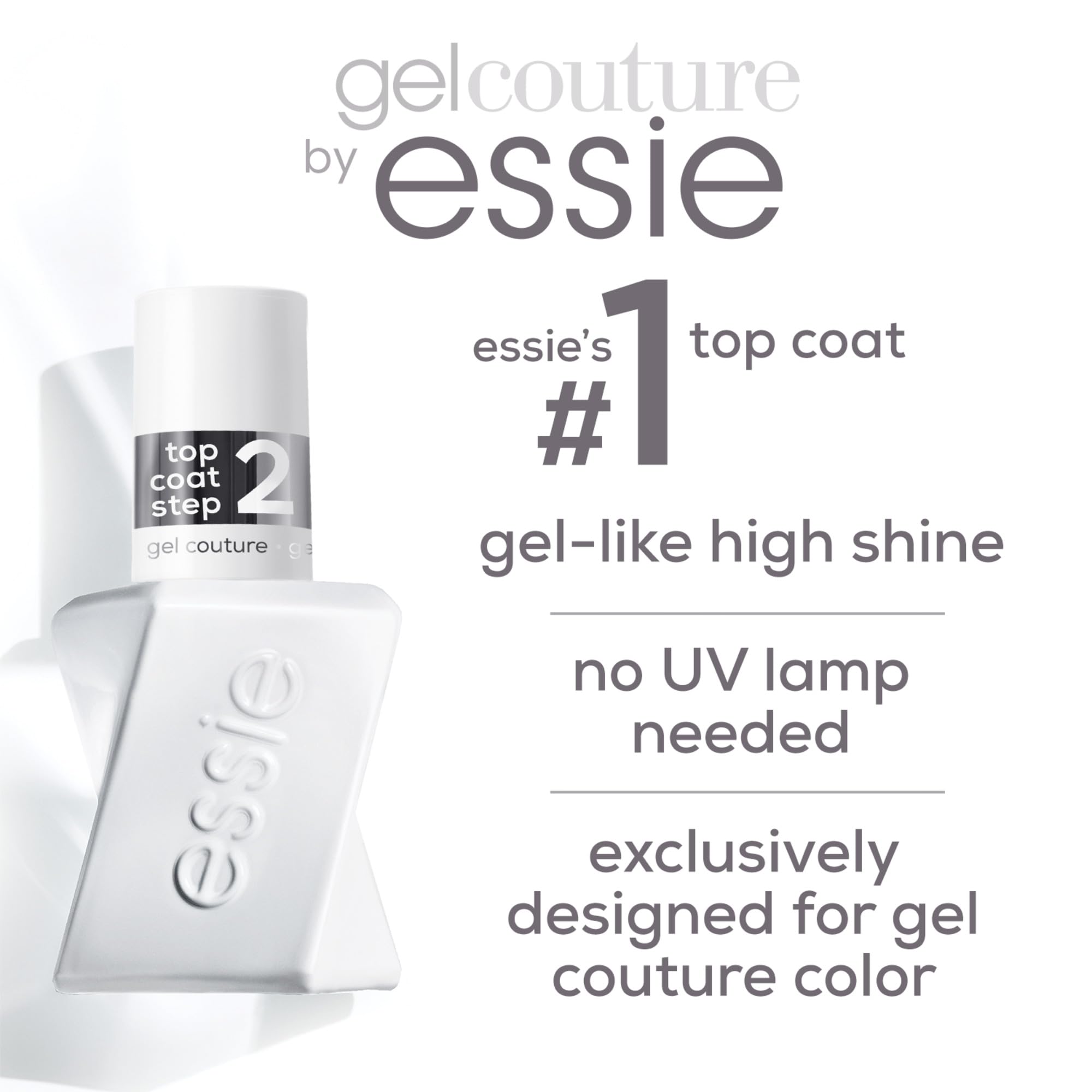Essie Gel Couture bottle close-up highlighting a glass-like glossy finish.