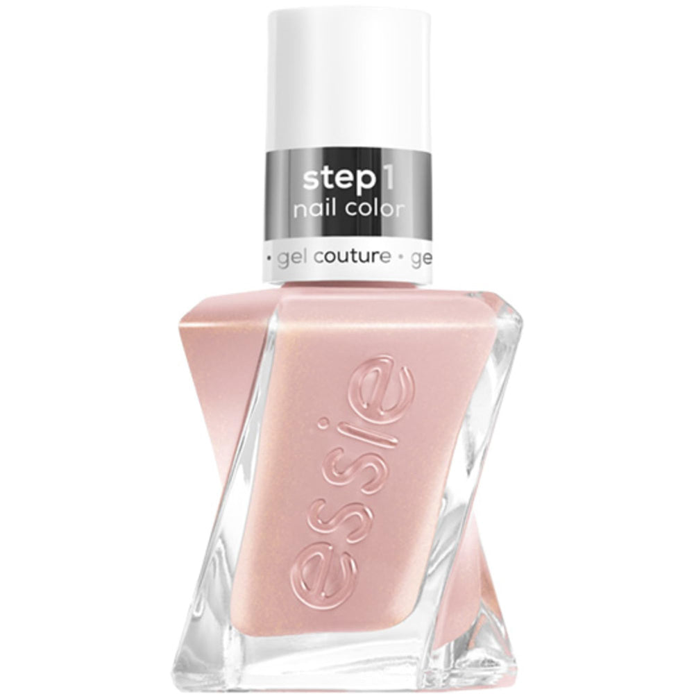 essie gel couture Last Nightie beige nude con brillo plateado