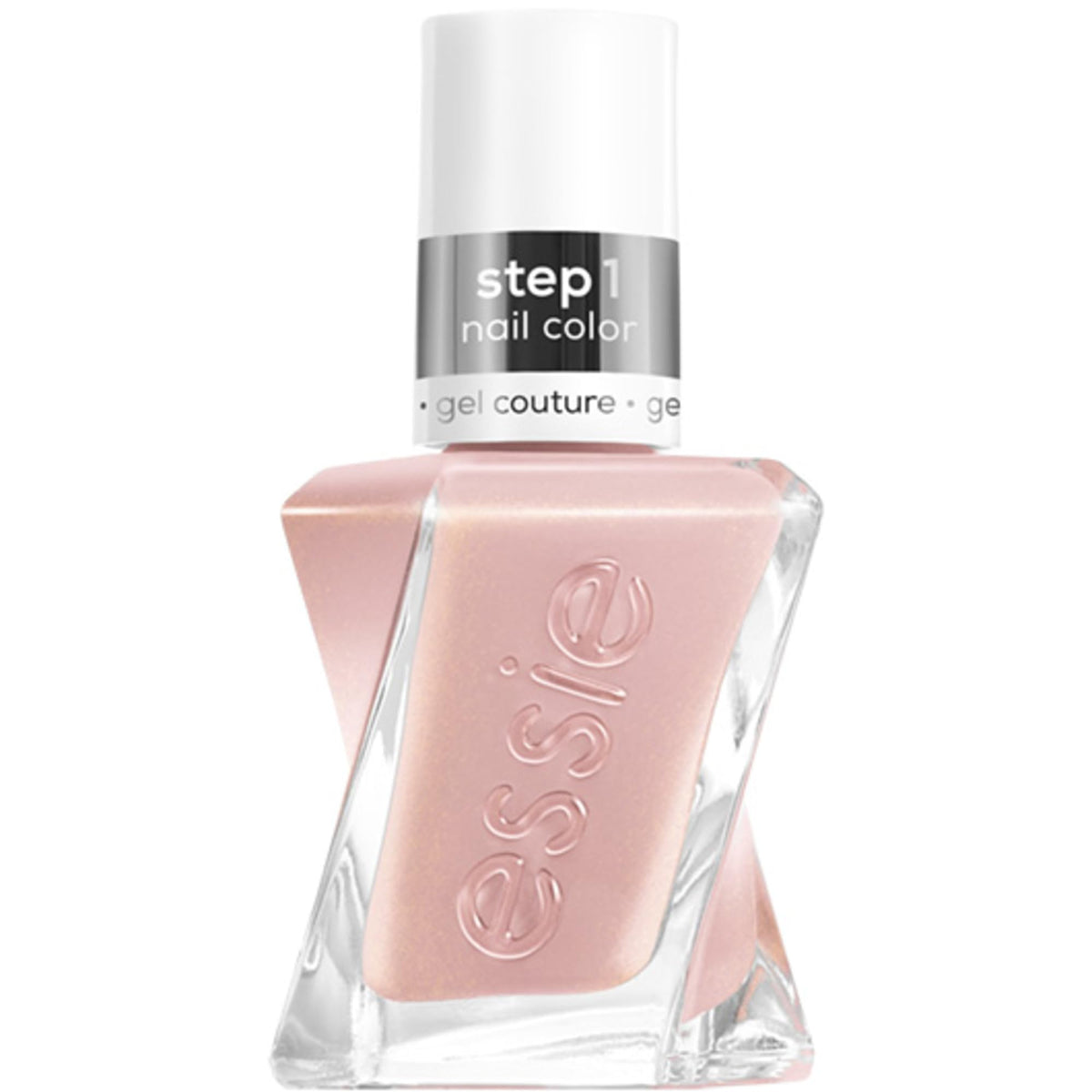 essie gel couture Last Nightie beige nude con brillo plateado