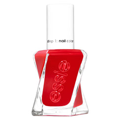 essie Gel Couture scarlet red bottle showing a glossy finish and long-lasting wear